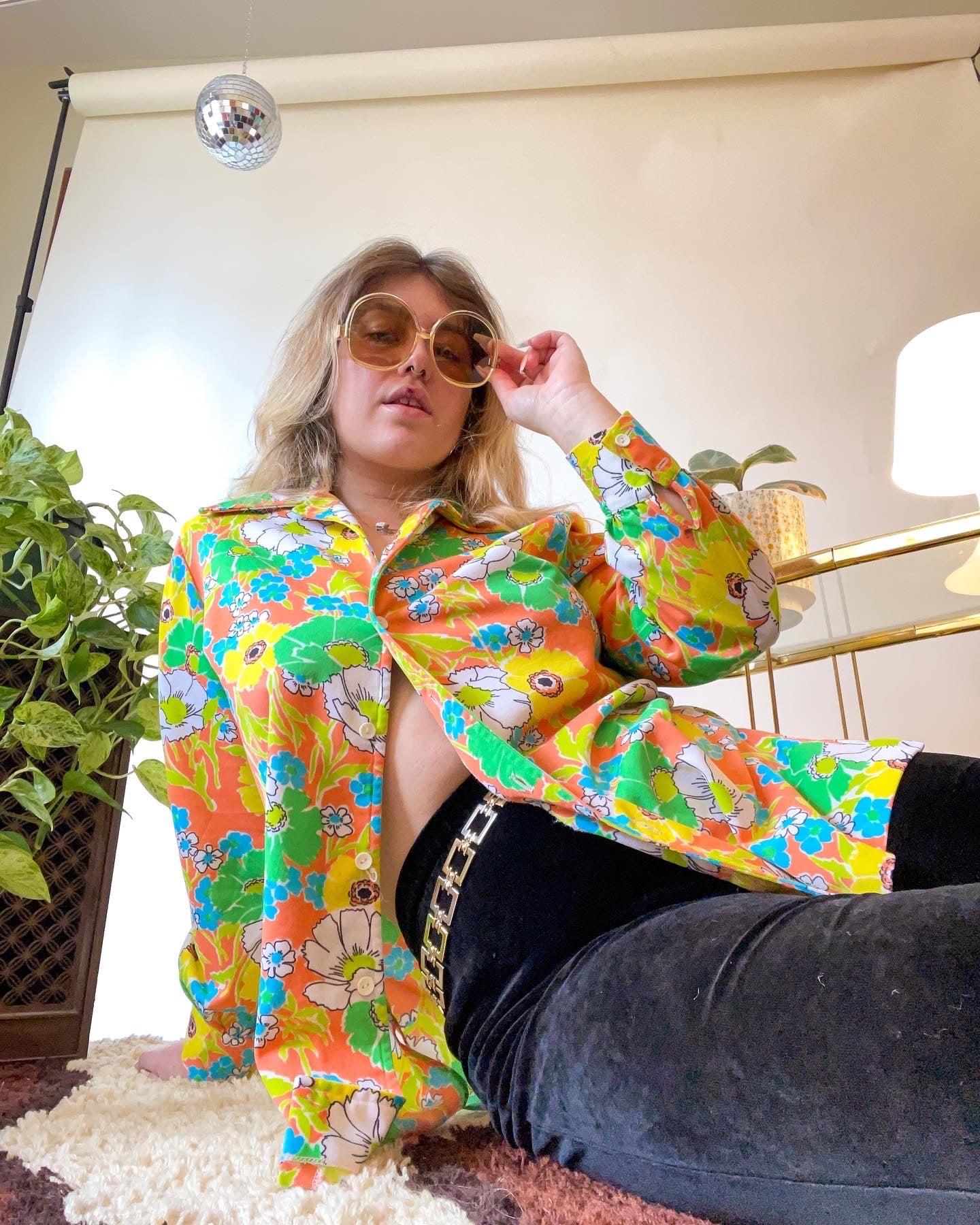 70s Bright Neon Floral Button Up (XL)