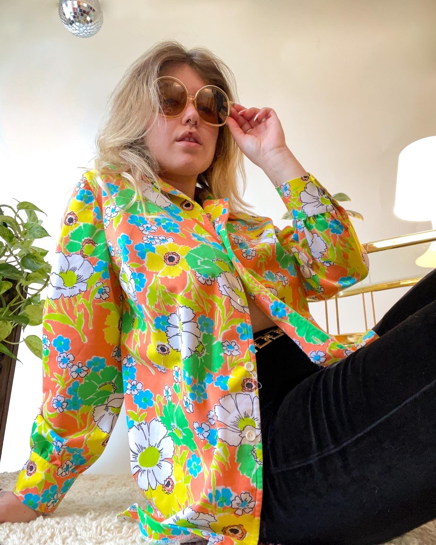 70s Bright Neon Floral Button Up (XL)