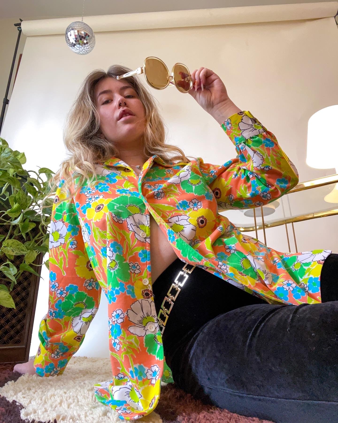 70s Bright Neon Floral Button Up (XL)