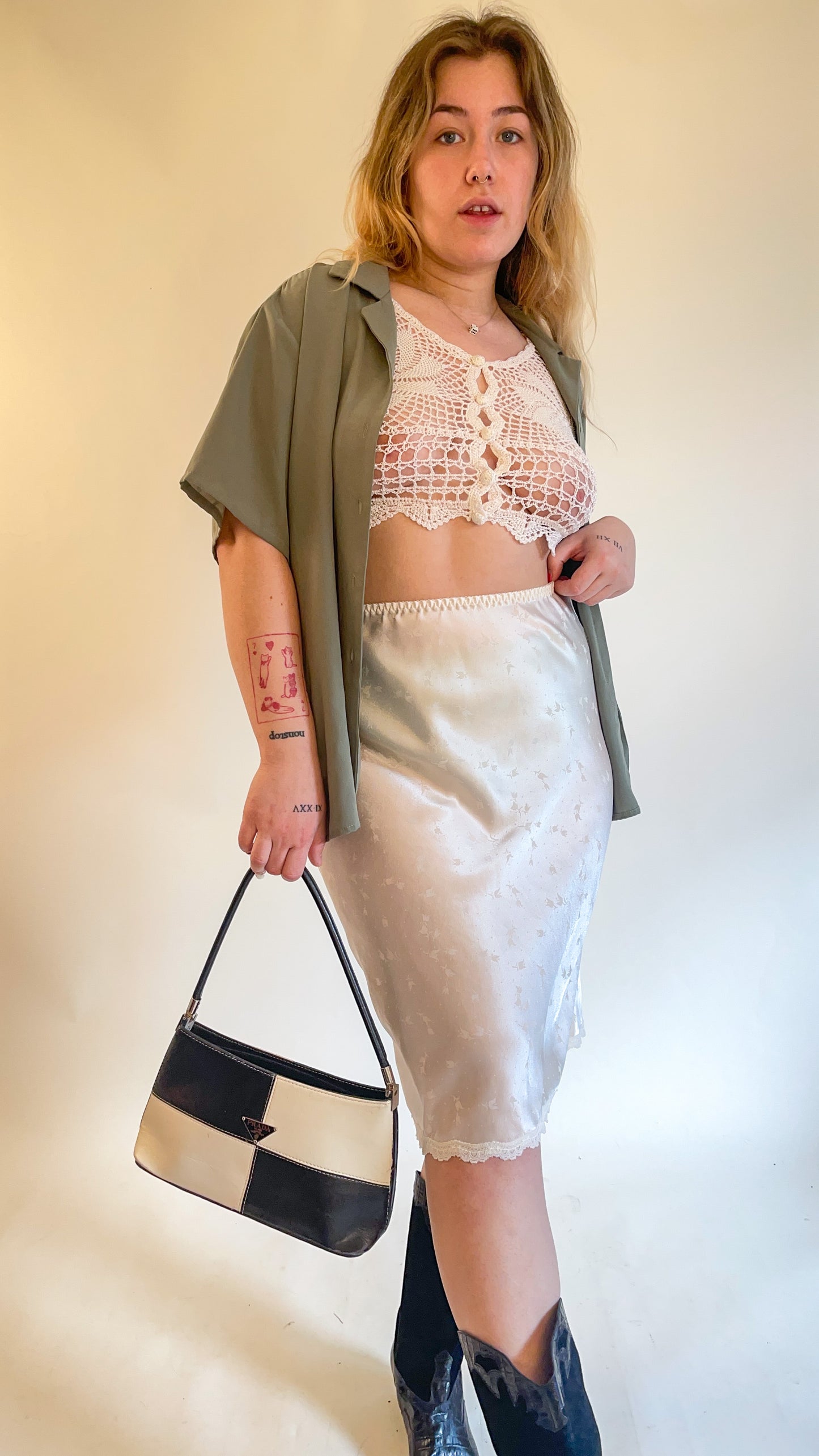 80s Pearl Satin Half Slip Midi Skirt (S-M)