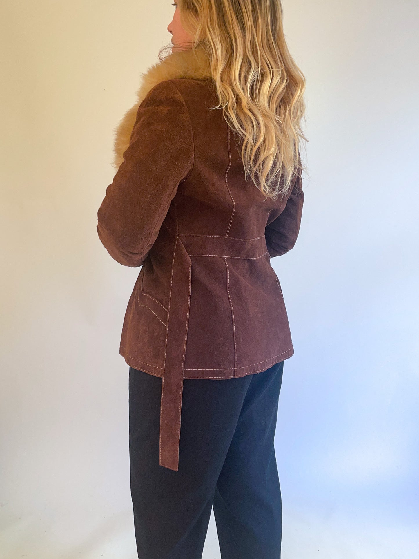 XS-S 70s Brown Suede Penny Lane Coat w/ Fur Collar