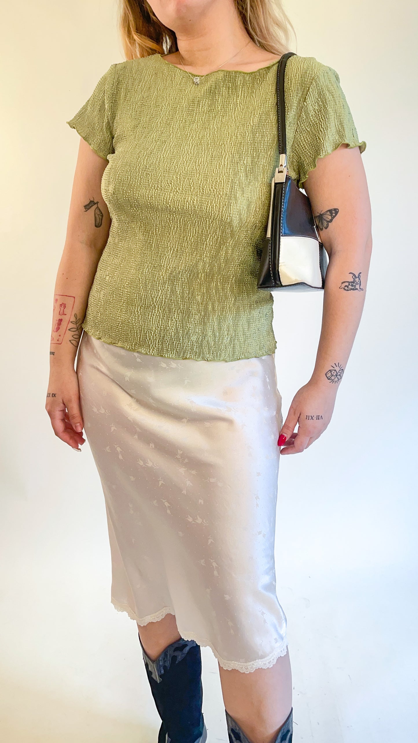 90s Chartreuse Green Plisse Crop Top (M)