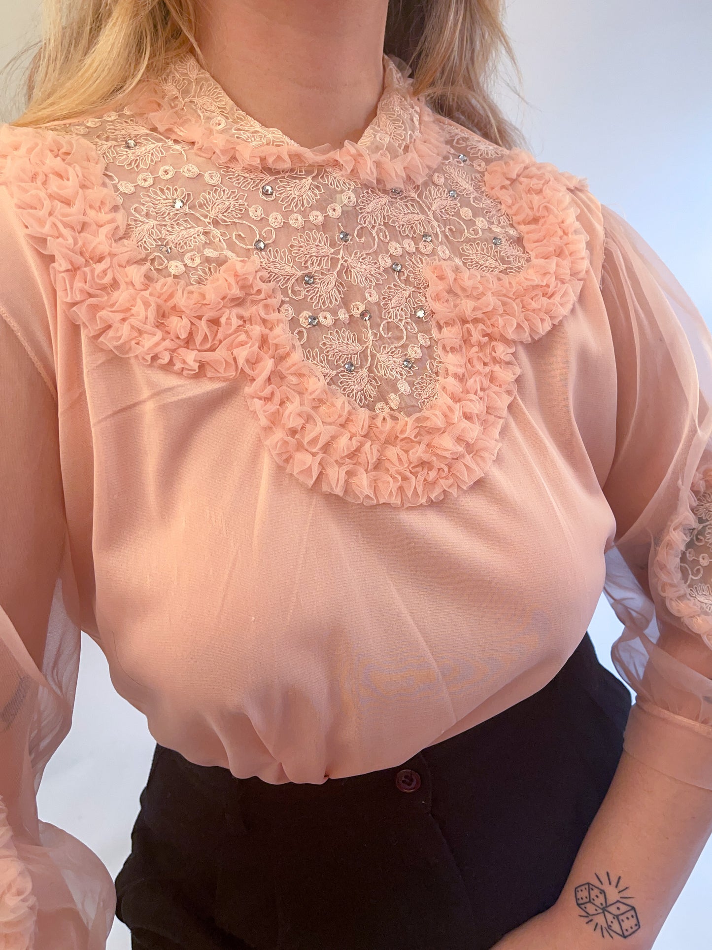 M/L 1940s/50s Pink Embellished Heart Balloon Sleeve Nylon Blouse