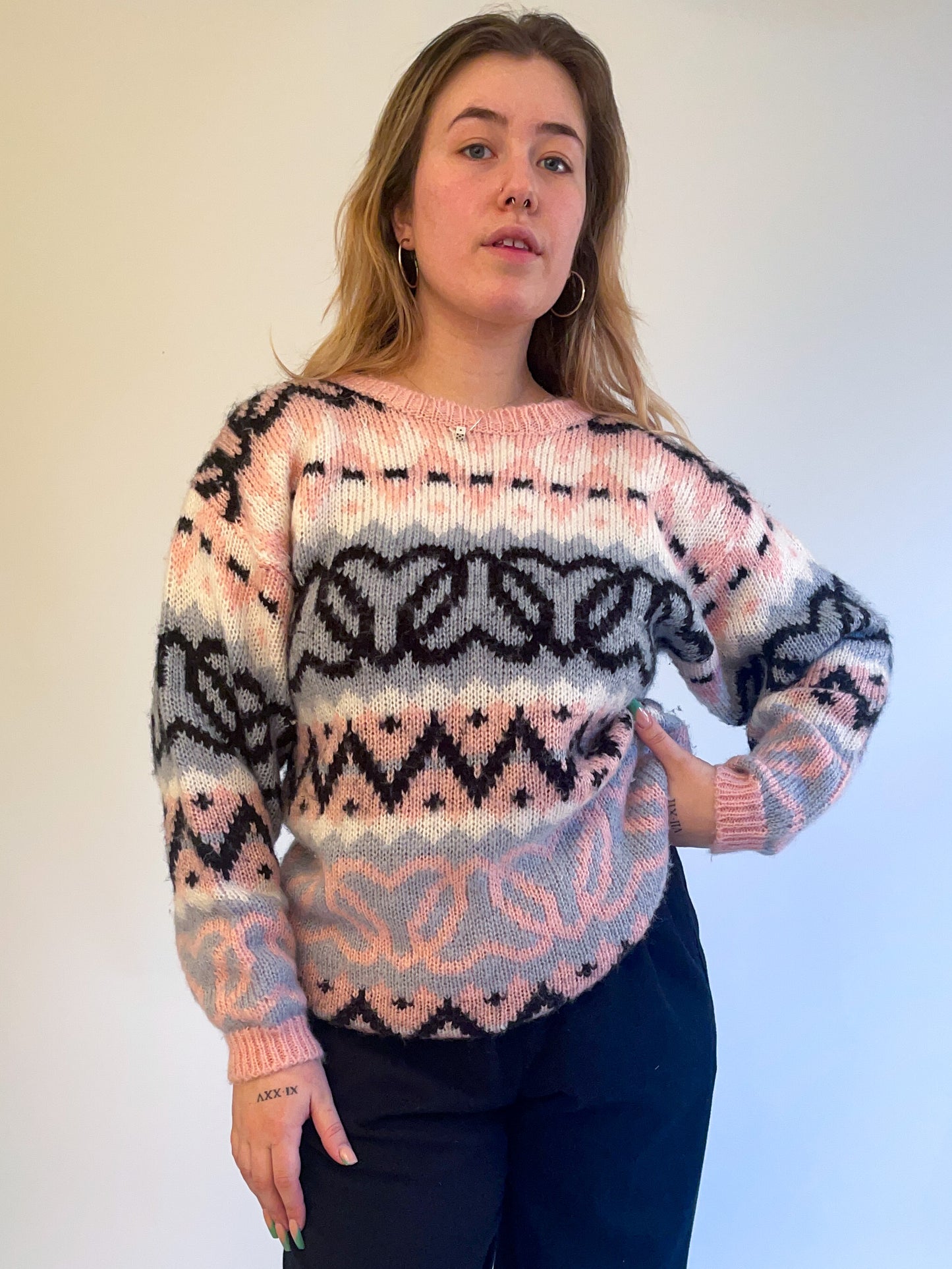 L 80s Chunky Knit Heart Patterned Sweater
