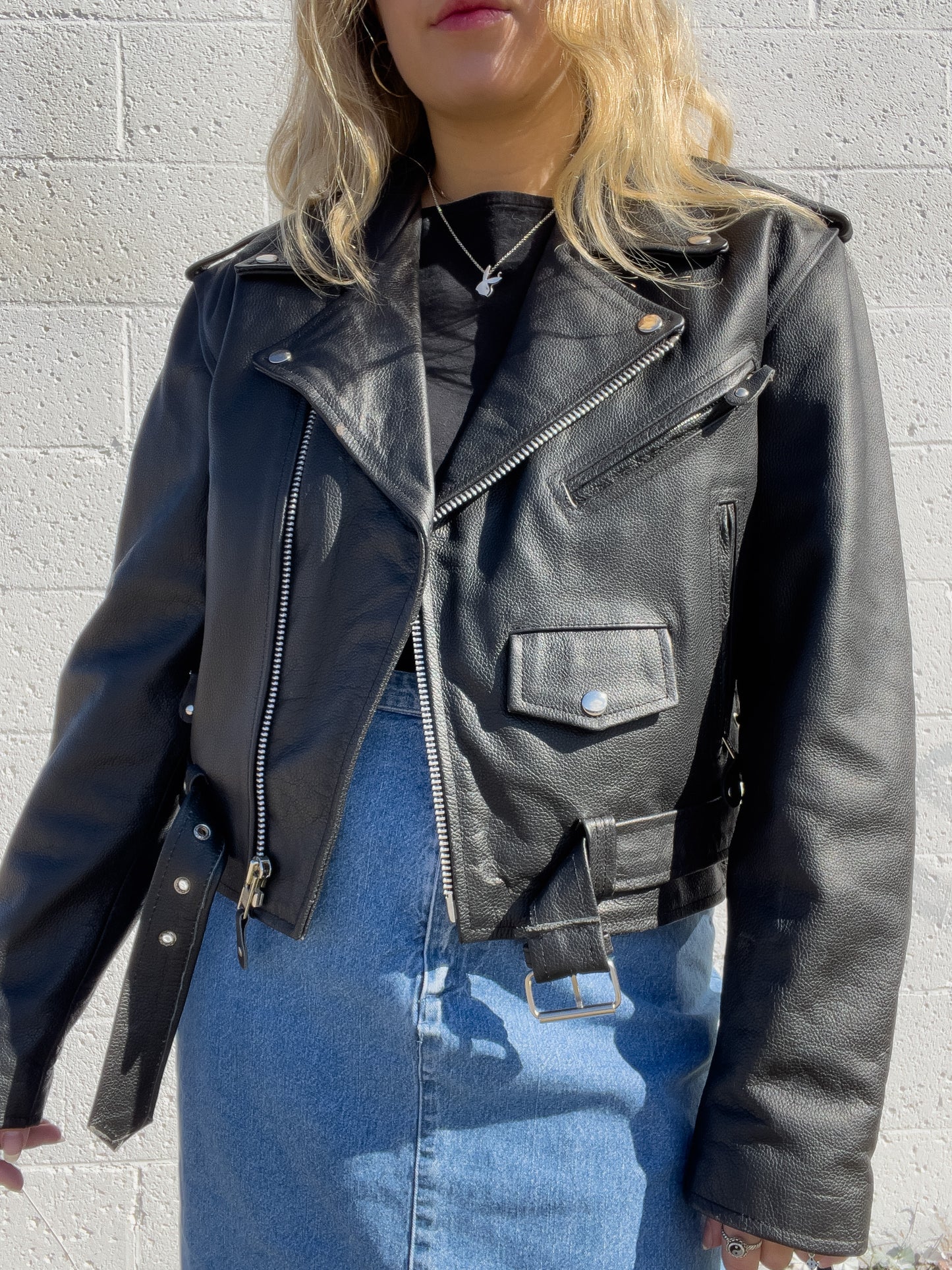 90s Black Genuine Leather Biker Jacket (XL)