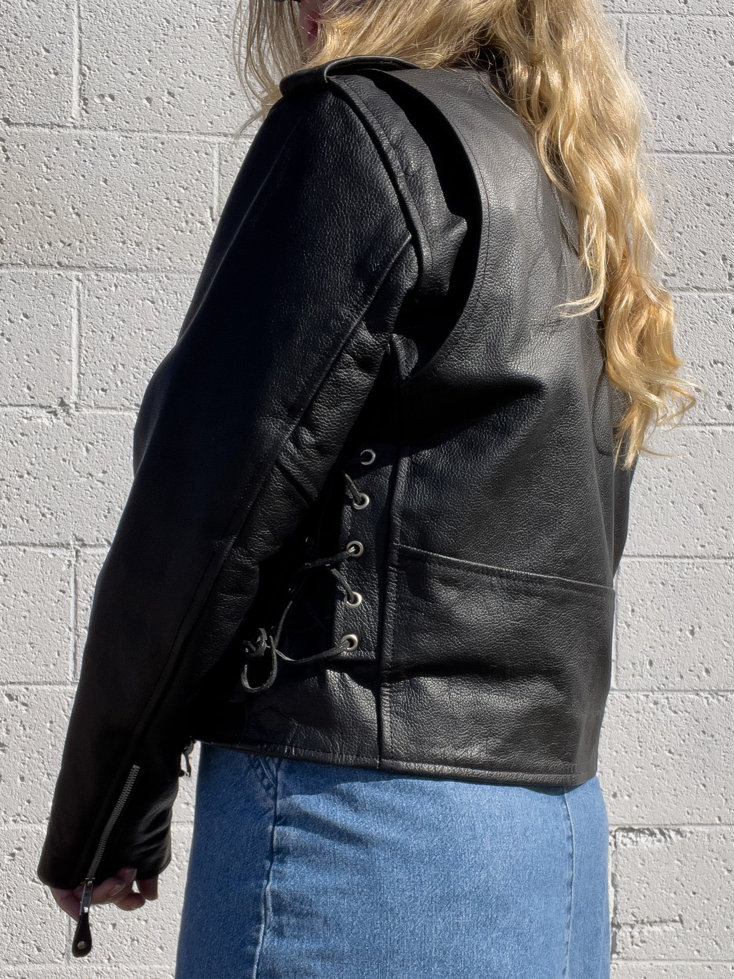 90s Black Genuine Leather Biker Jacket (XL)