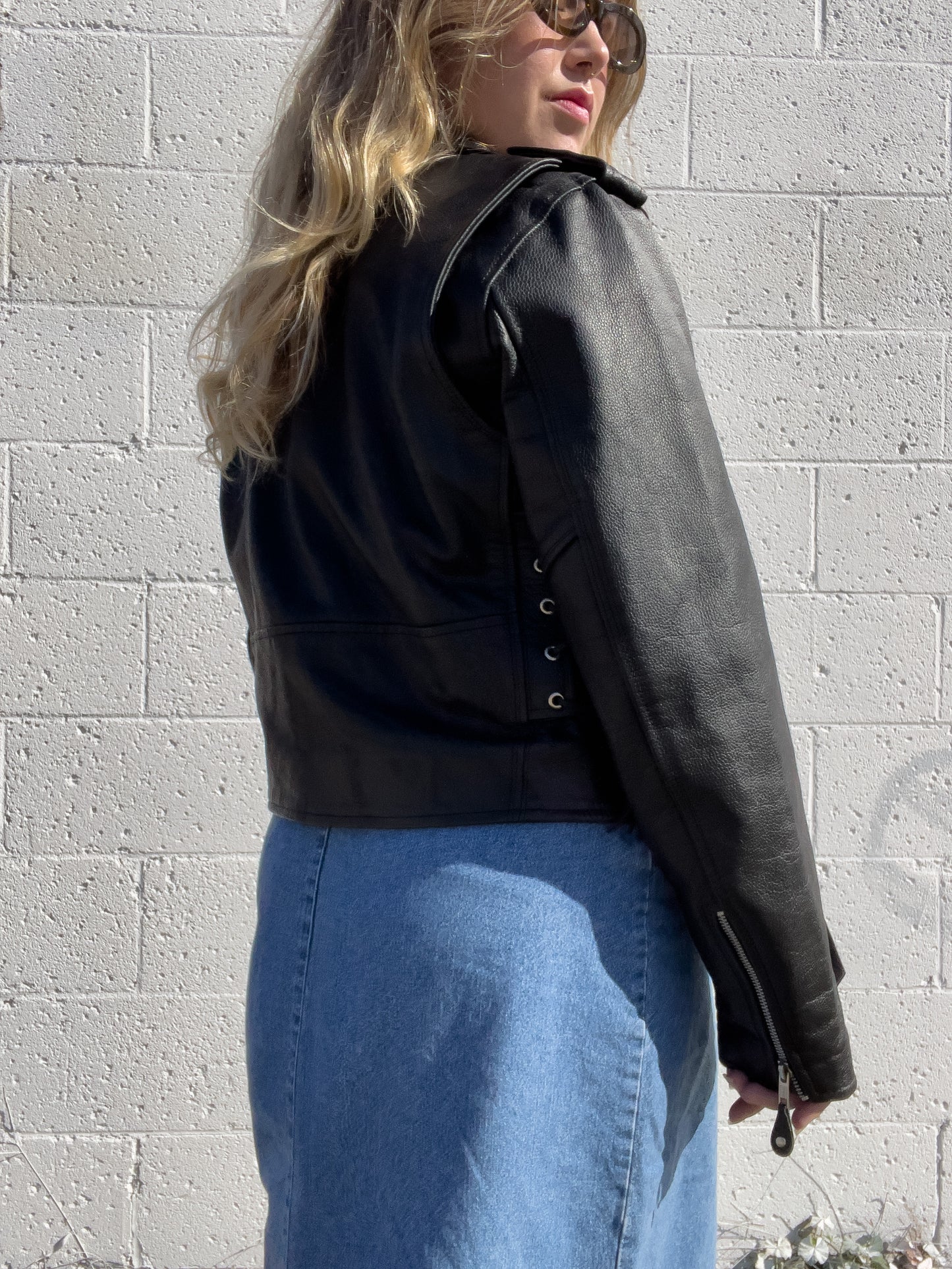 90s Black Genuine Leather Biker Jacket (XL)