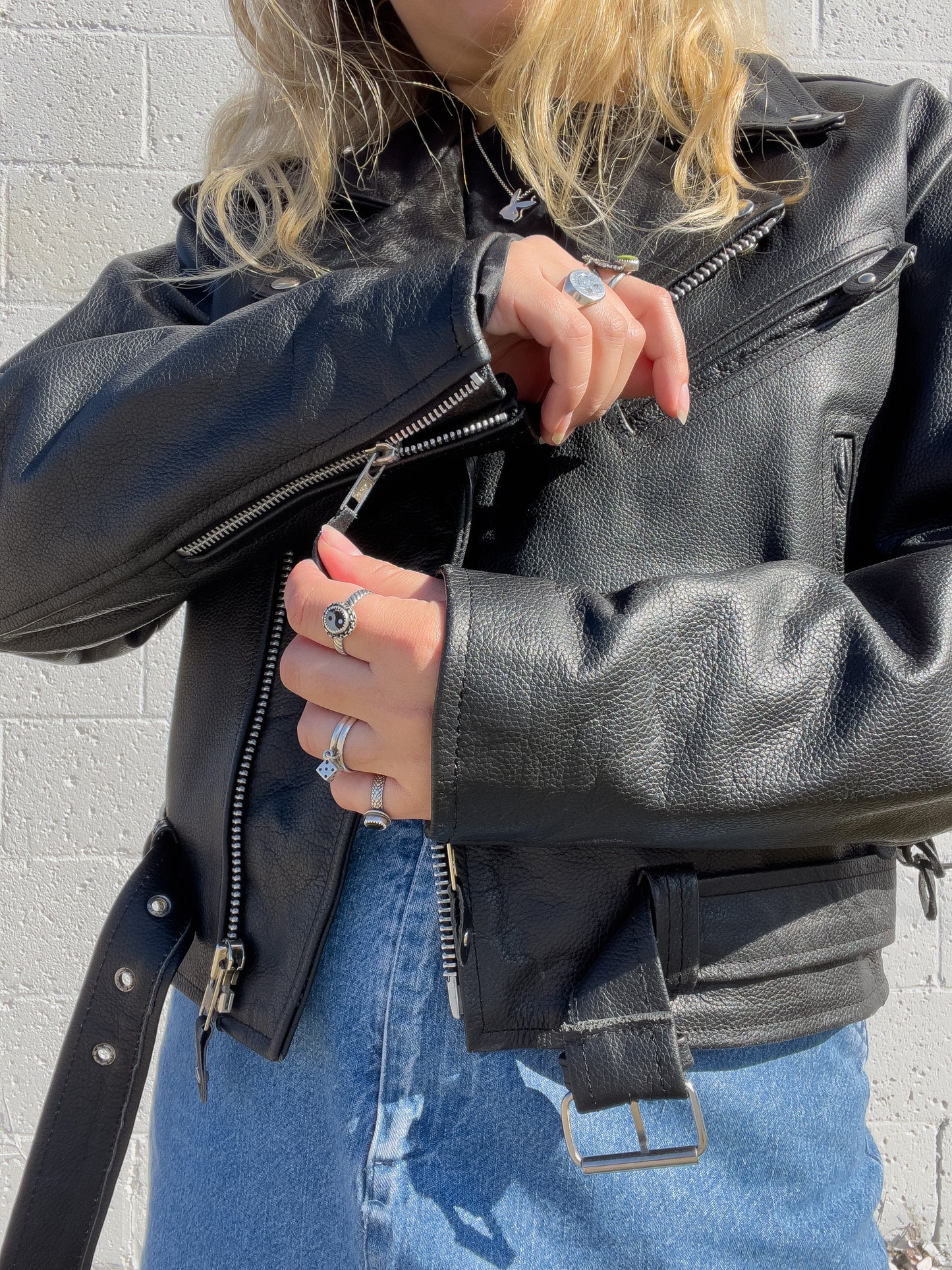90s Black Genuine Leather Biker Jacket (XL)