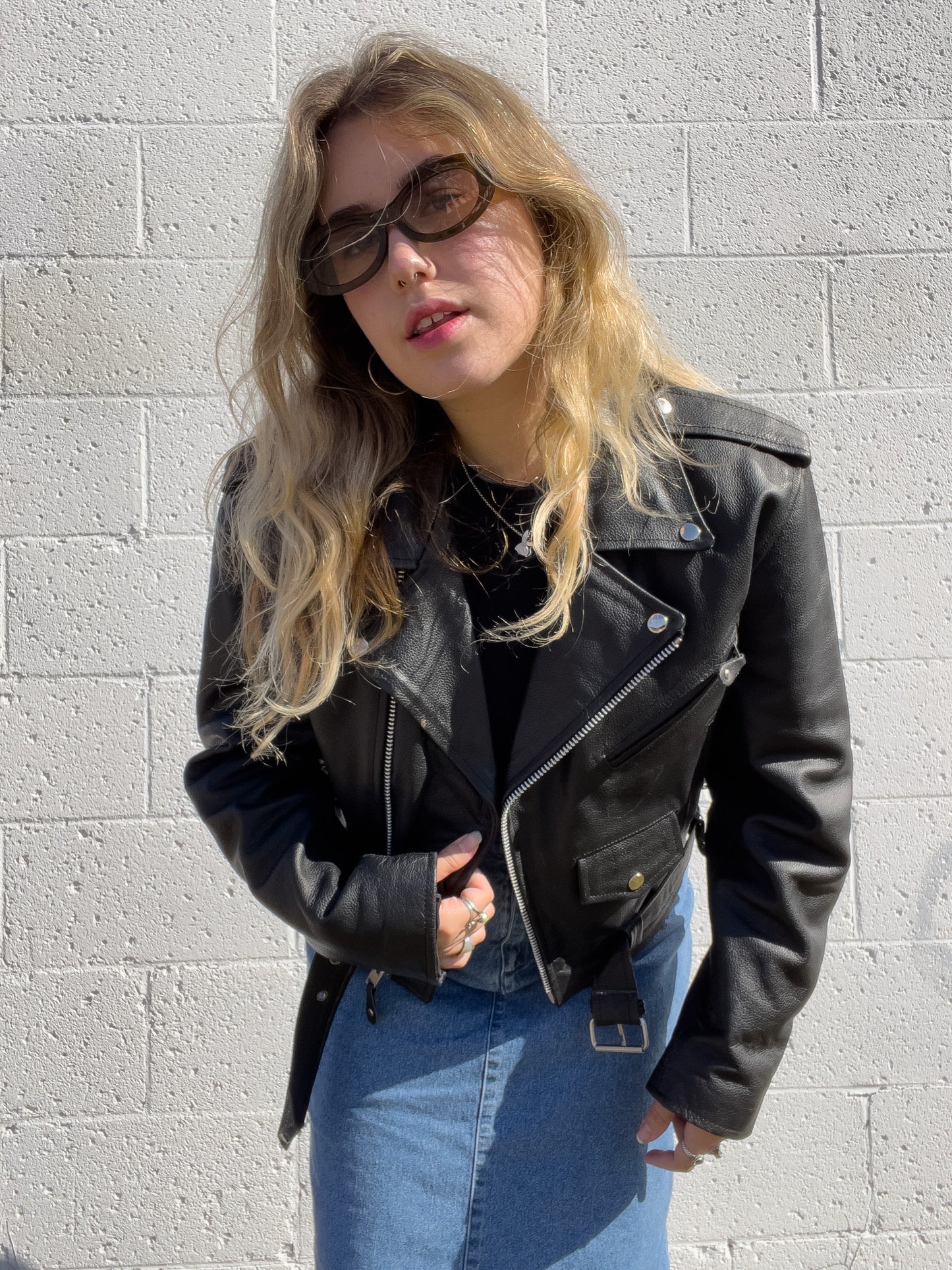90s Black Genuine Leather Biker Jacket (XL)