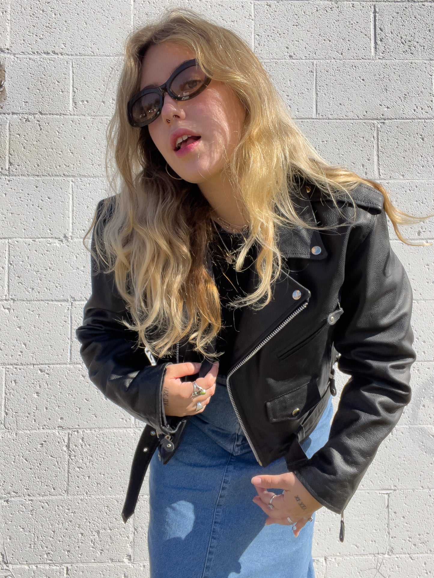 90s Black Genuine Leather Biker Jacket (XL)