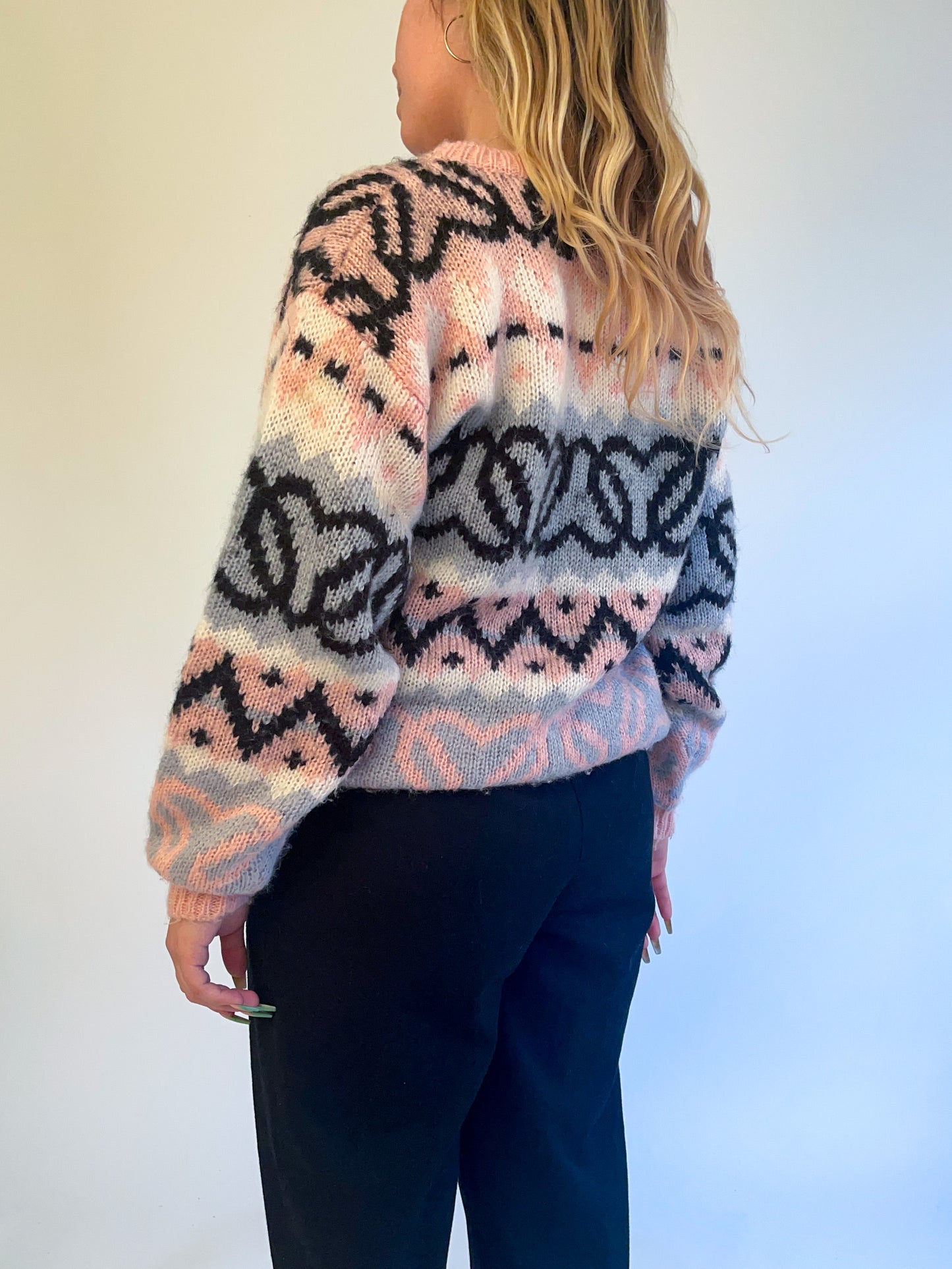 L 80s Chunky Knit Heart Patterned Sweater