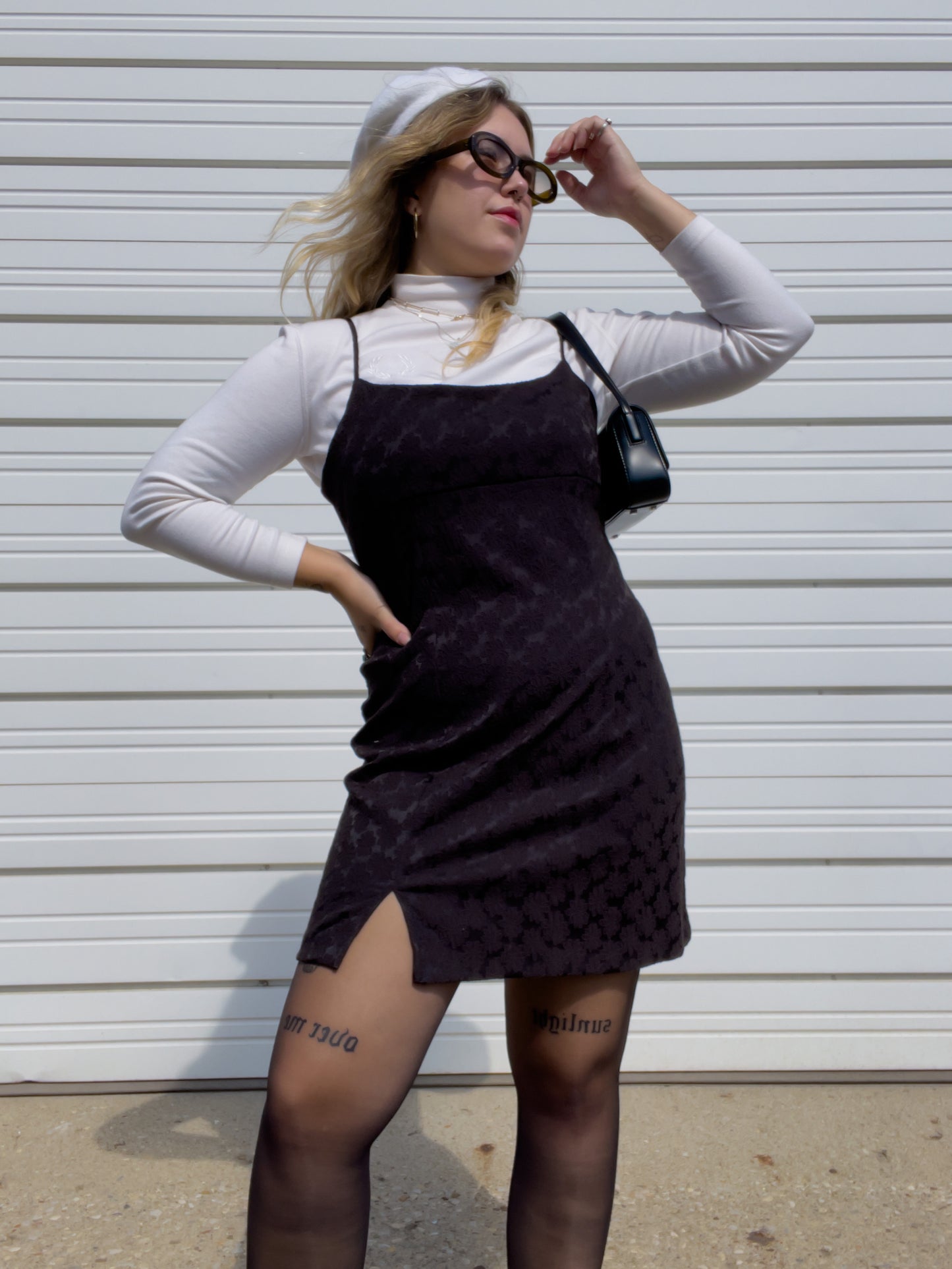 90s Black Mini Dress w/ Daisy Pattern (L/XL)