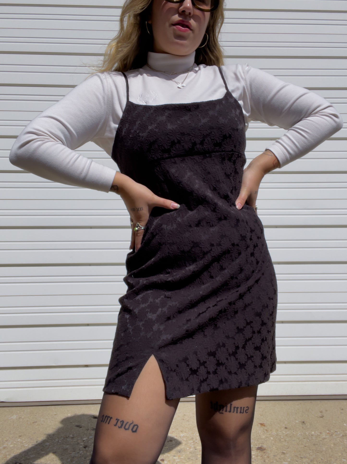 90s Black Mini Dress w/ Daisy Pattern (L/XL)