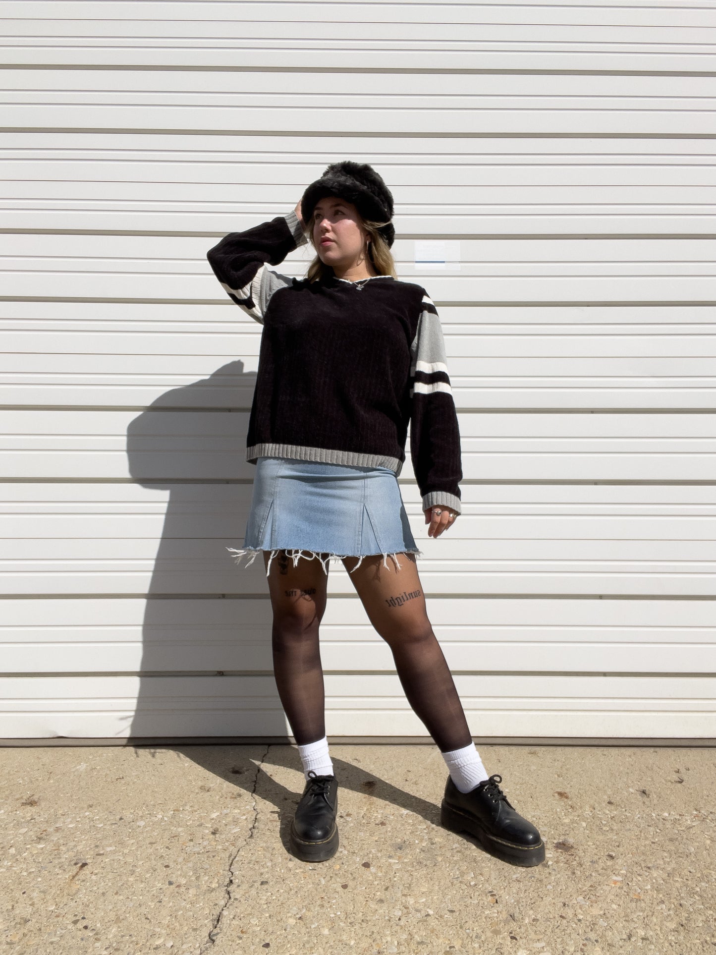 90s Black & Gray Striped Chenille Sweater (XL)