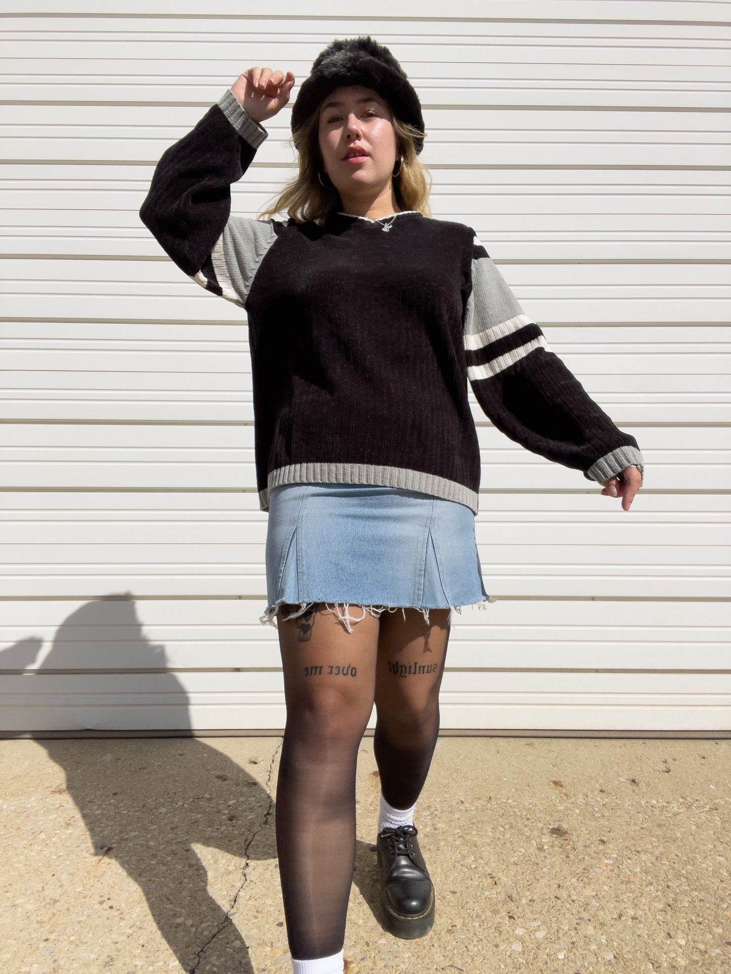 90s Black & Gray Striped Chenille Sweater (XL)