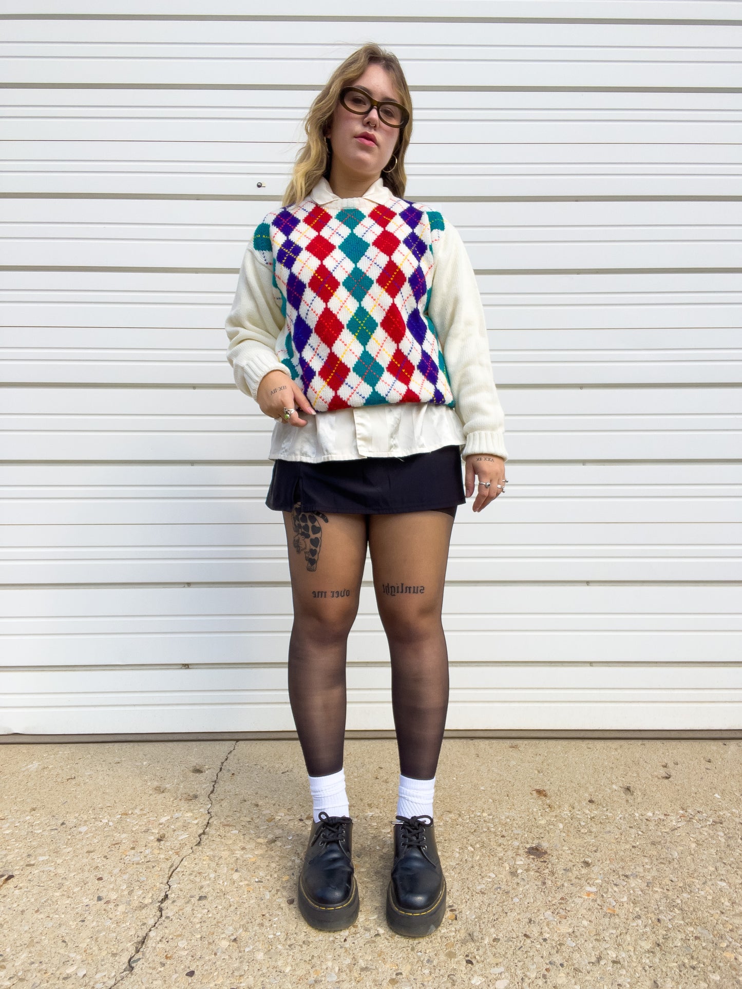 80s Rainbow & Cream Argyle Sweater (L)