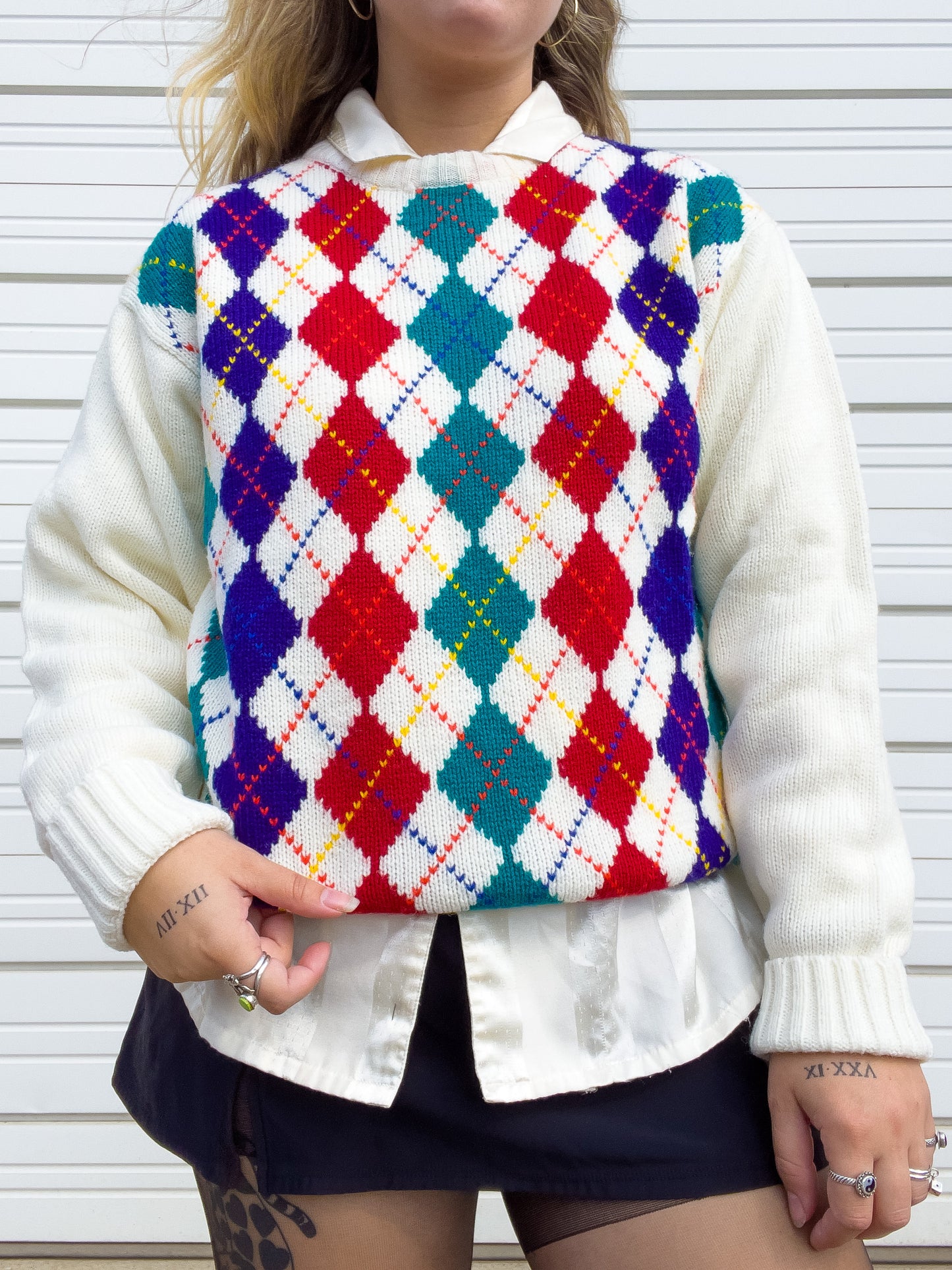 80s Rainbow & Cream Argyle Sweater (L)