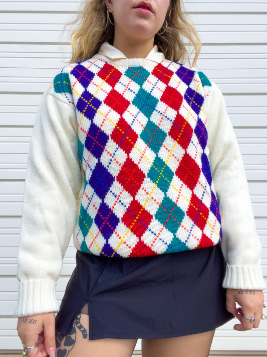 80s Rainbow & Cream Argyle Sweater (L)