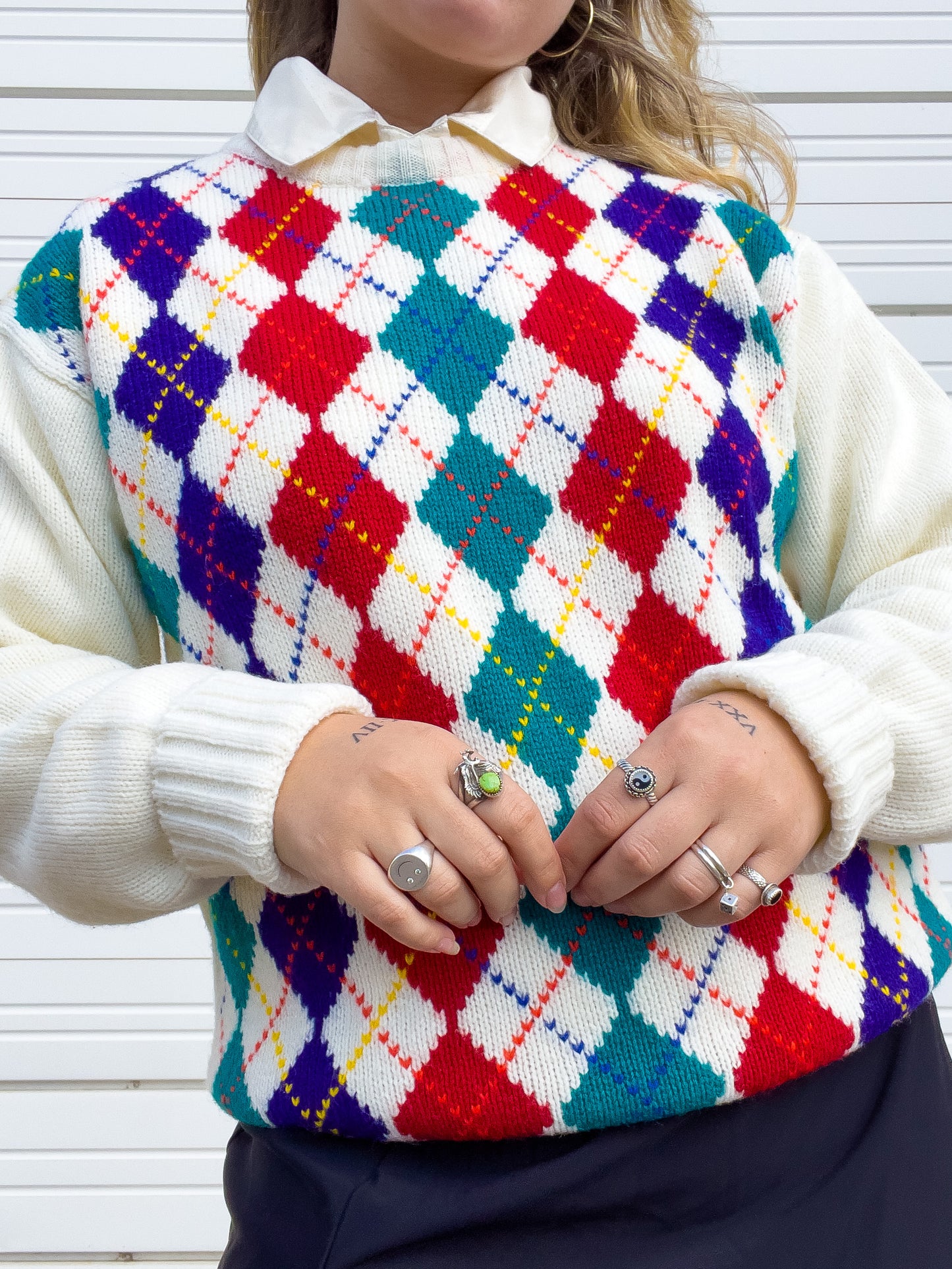 80s Rainbow & Cream Argyle Sweater (L)