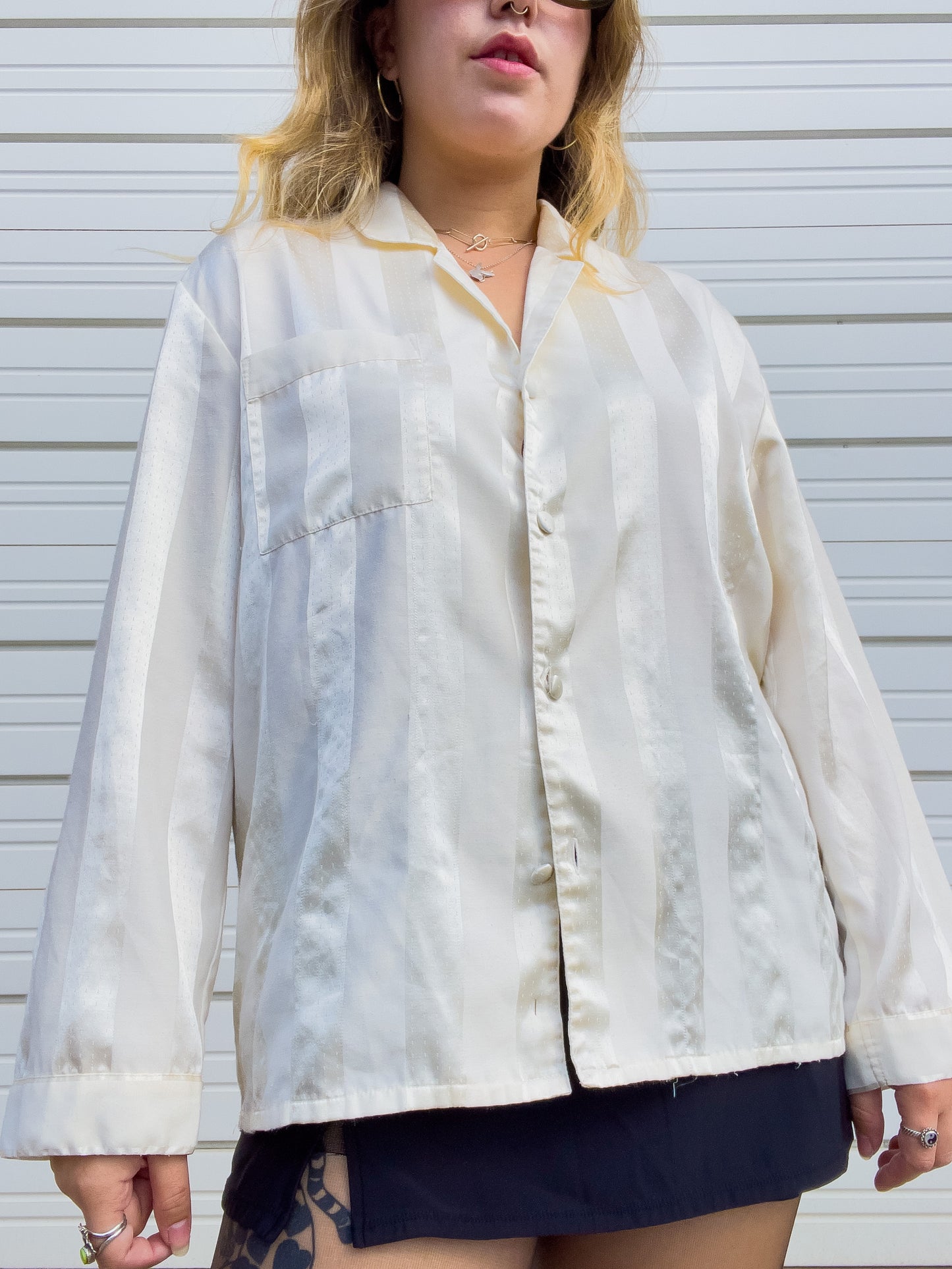 90s Cream Striped Silky Button Up (L)
