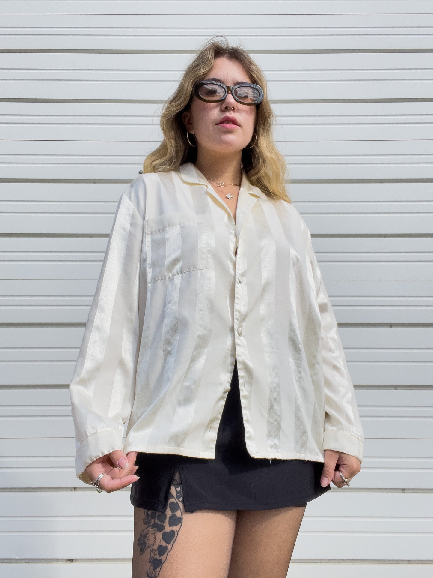 90s Cream Striped Silky Button Up (L)