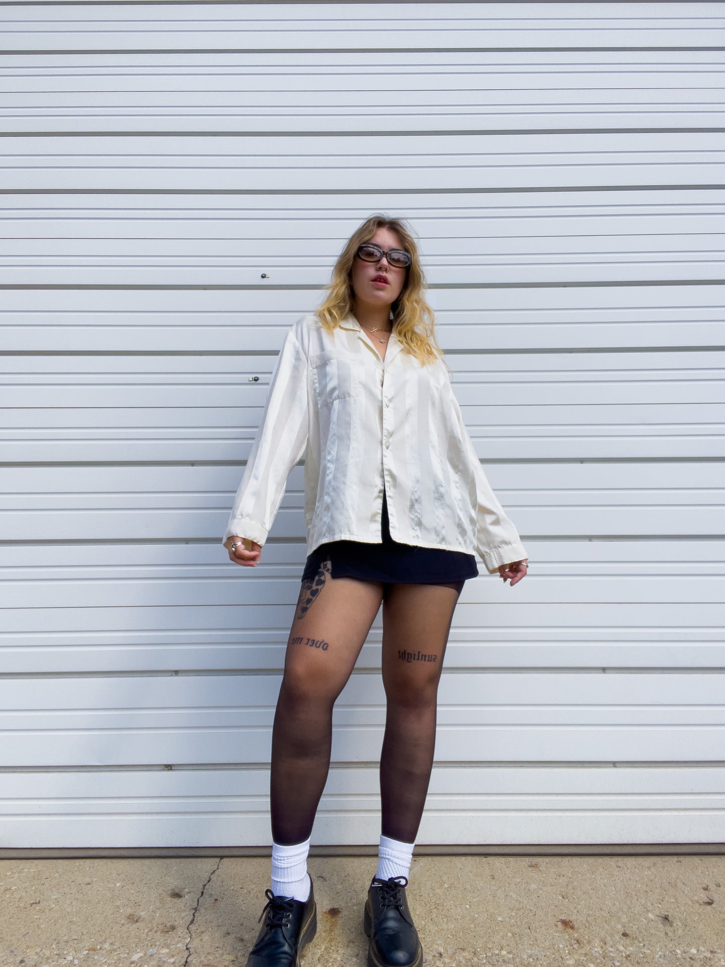 90s Cream Striped Silky Button Up (L)