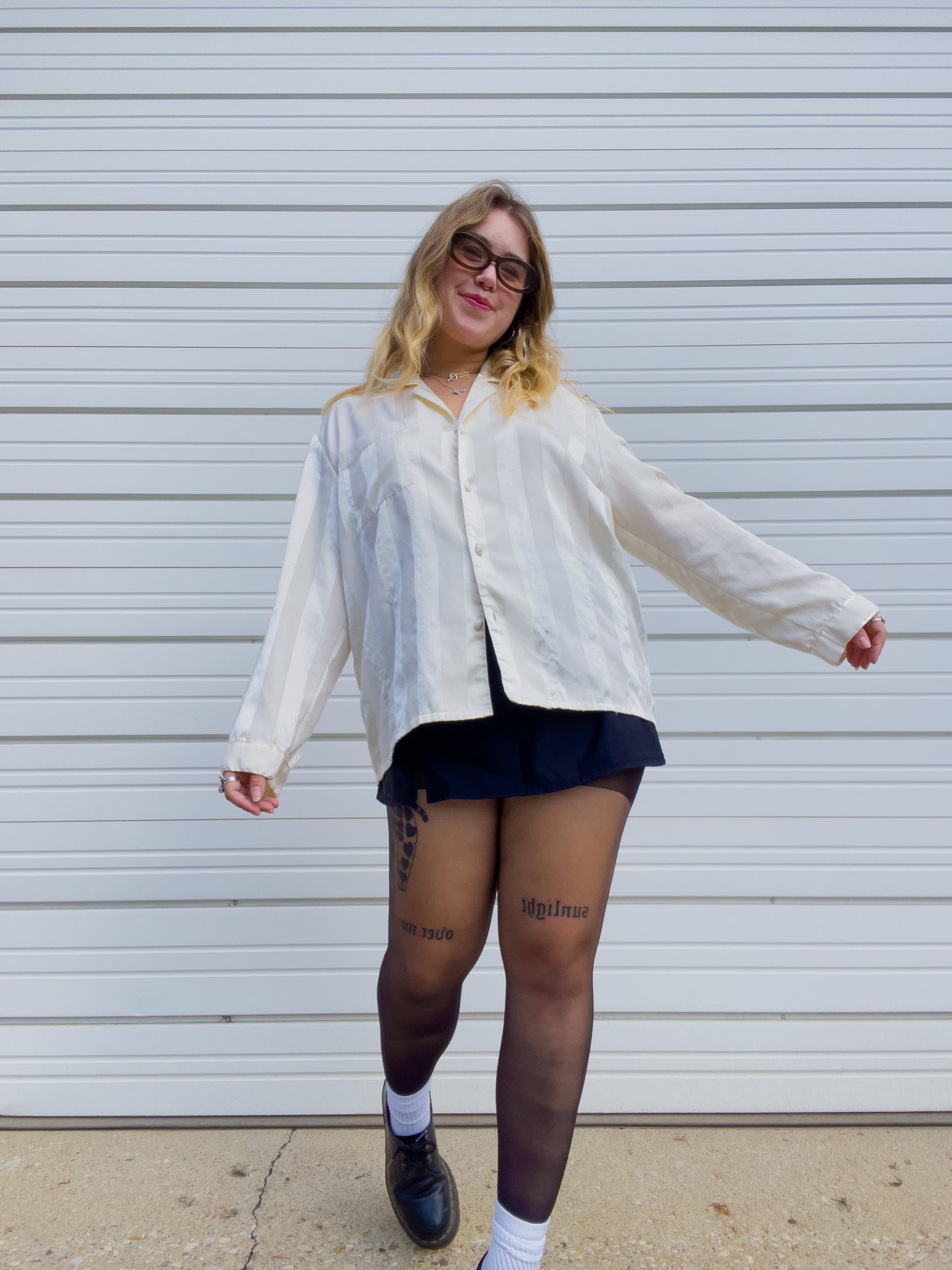 90s Cream Striped Silky Button Up (L)