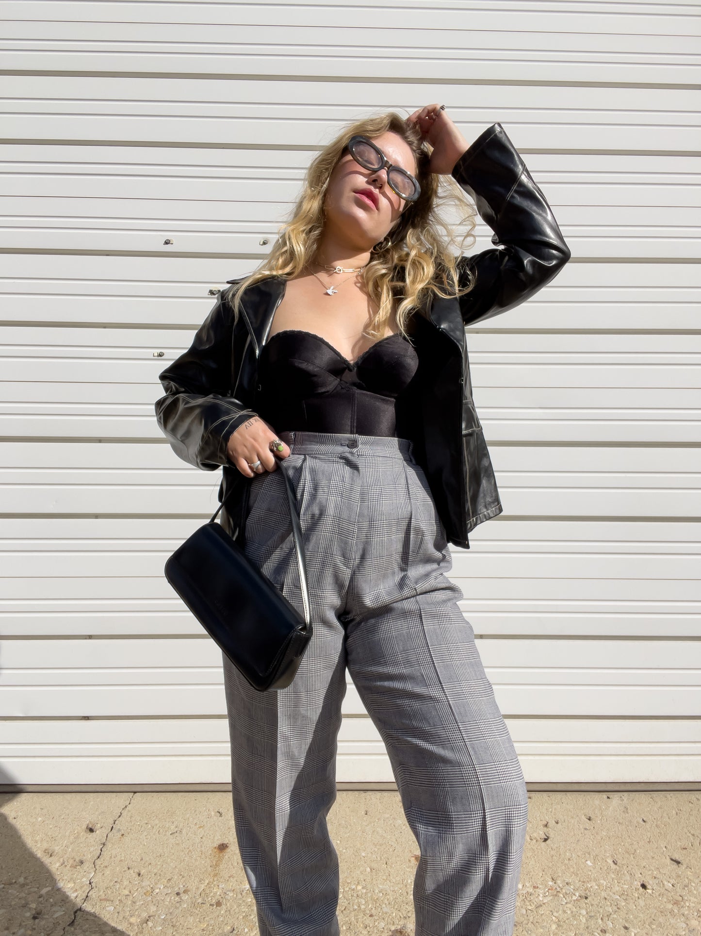 90s Faux Leather Blazer w/ Contrast Stitching (M)