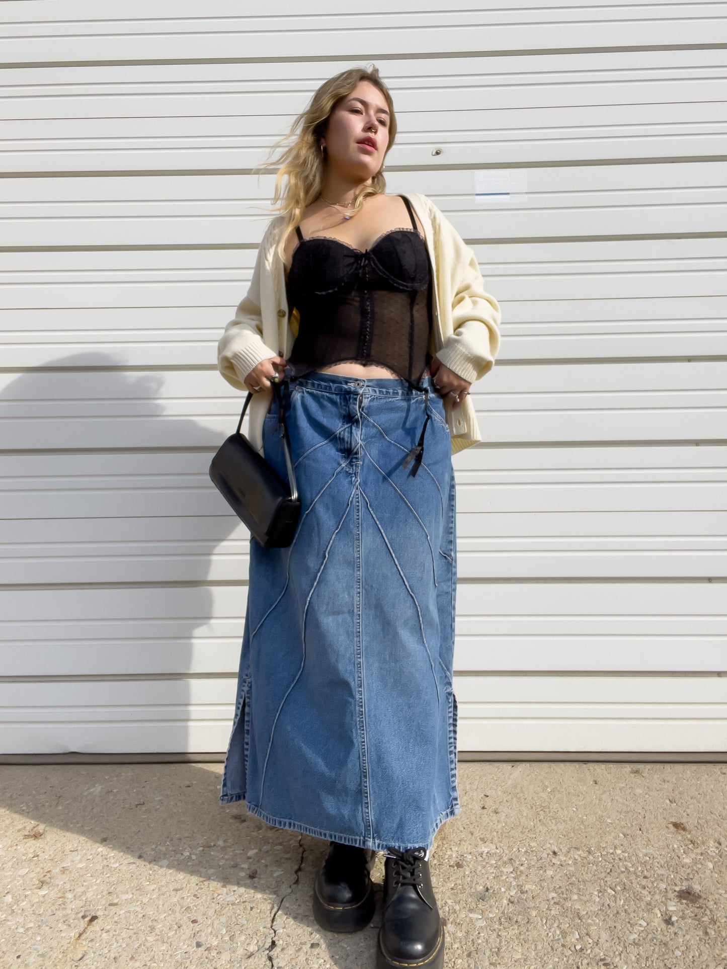 90s Denim Maxi Skirt w/ Pin-Tuck Detailing (W38")