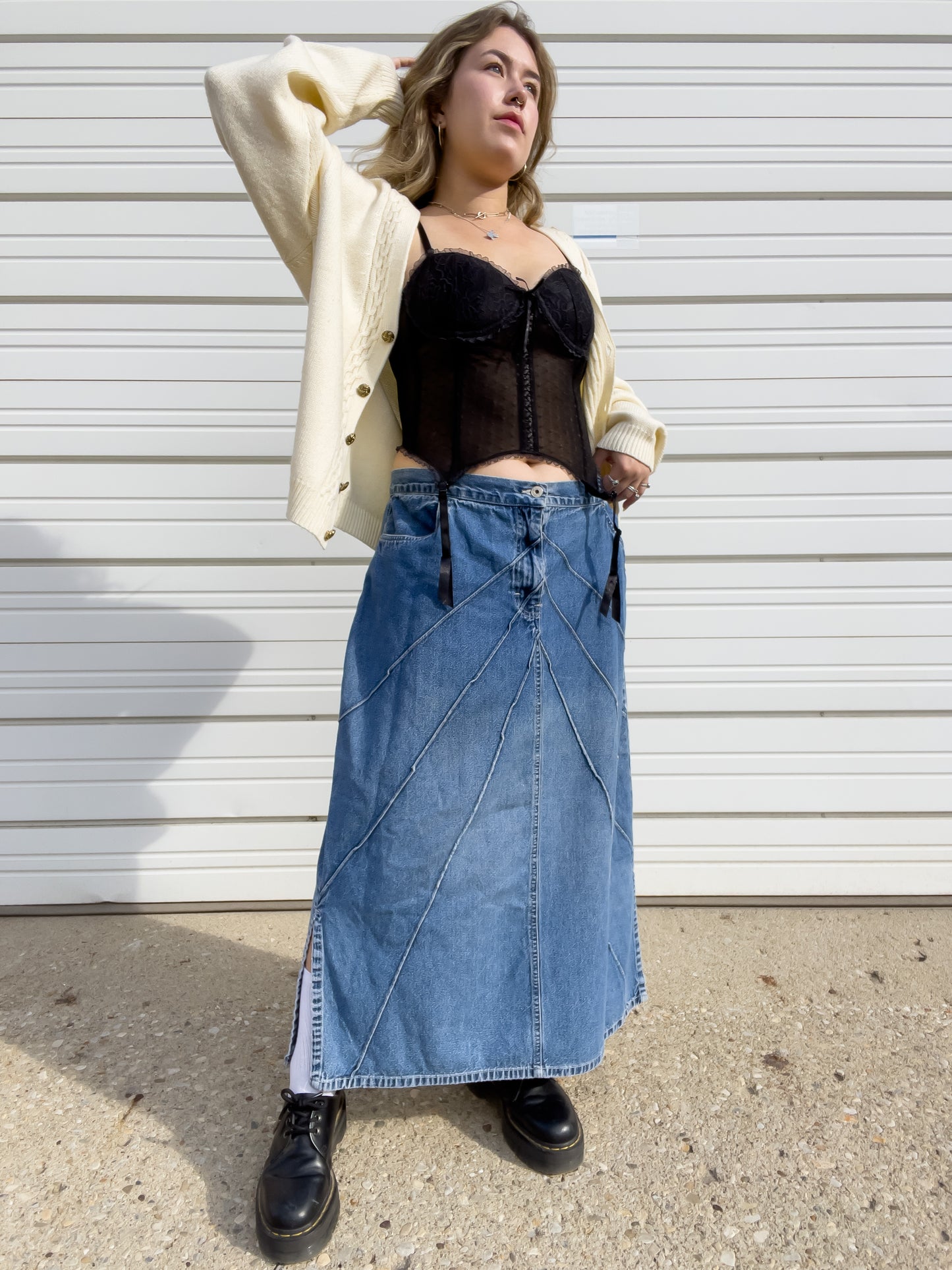 90s Denim Maxi Skirt w/ Pin-Tuck Detailing (W38")