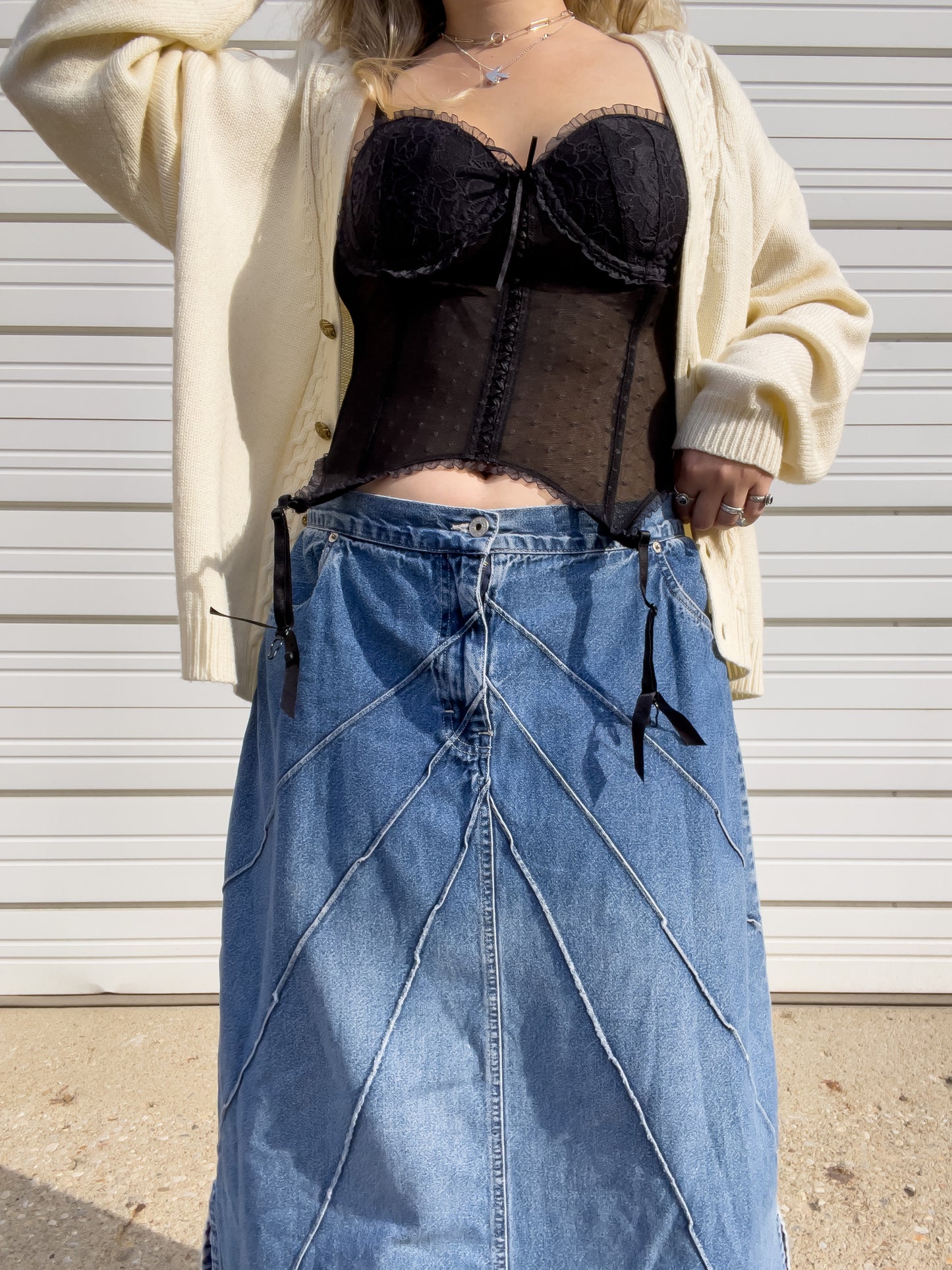90s Denim Maxi Skirt w/ Pin-Tuck Detailing (W38")