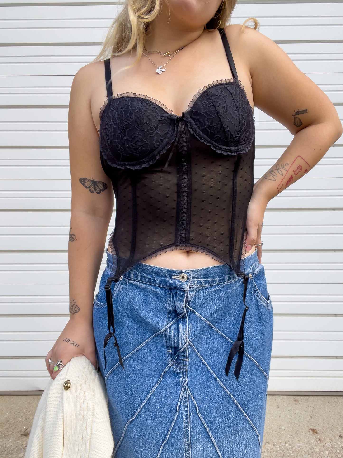 00s Black Bustier Corset Top w/ Garter Straps (M)