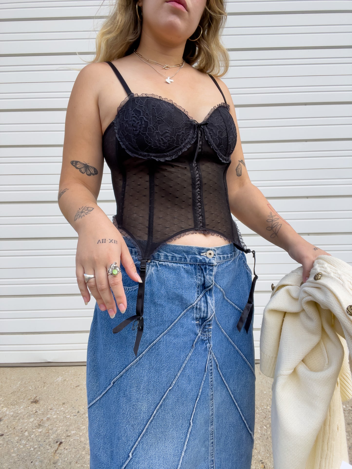 00s Black Bustier Corset Top w/ Garter Straps (M)