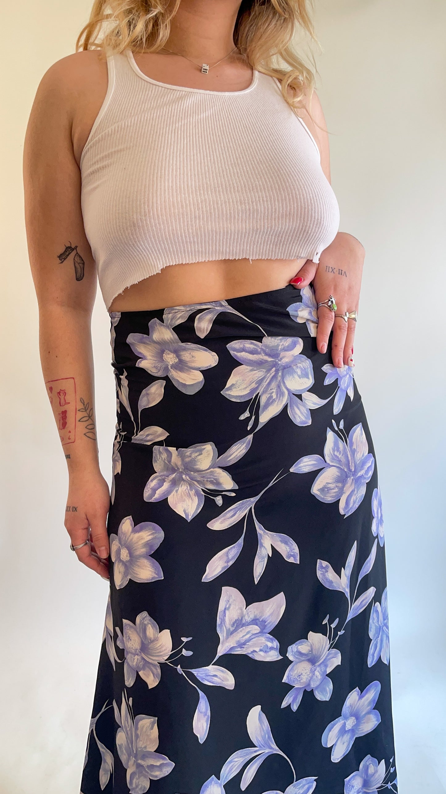 90s Black & Blue Floral Maxi Skirt (W26")