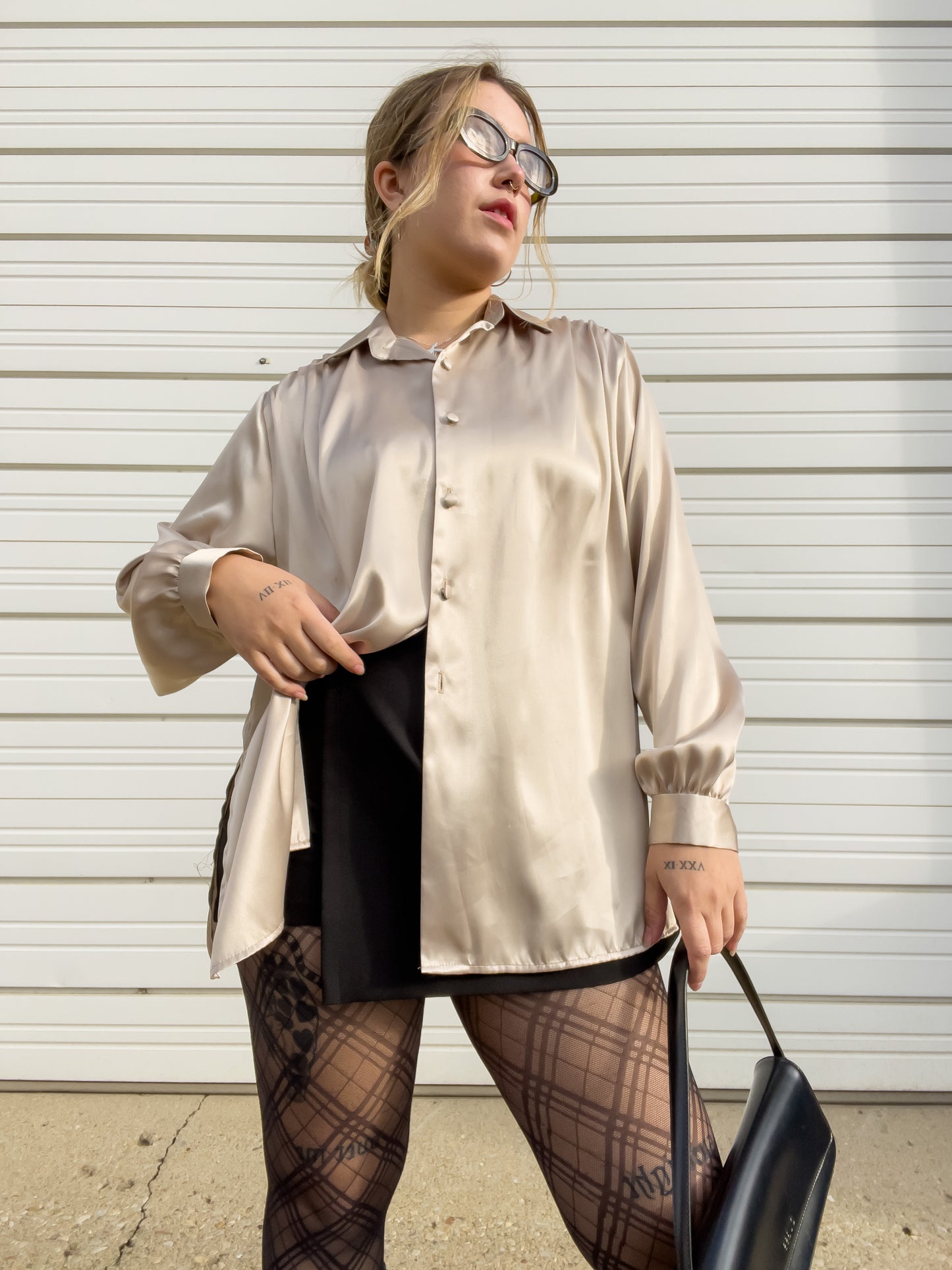 90s Champagne Silky Button Up (L/XL)