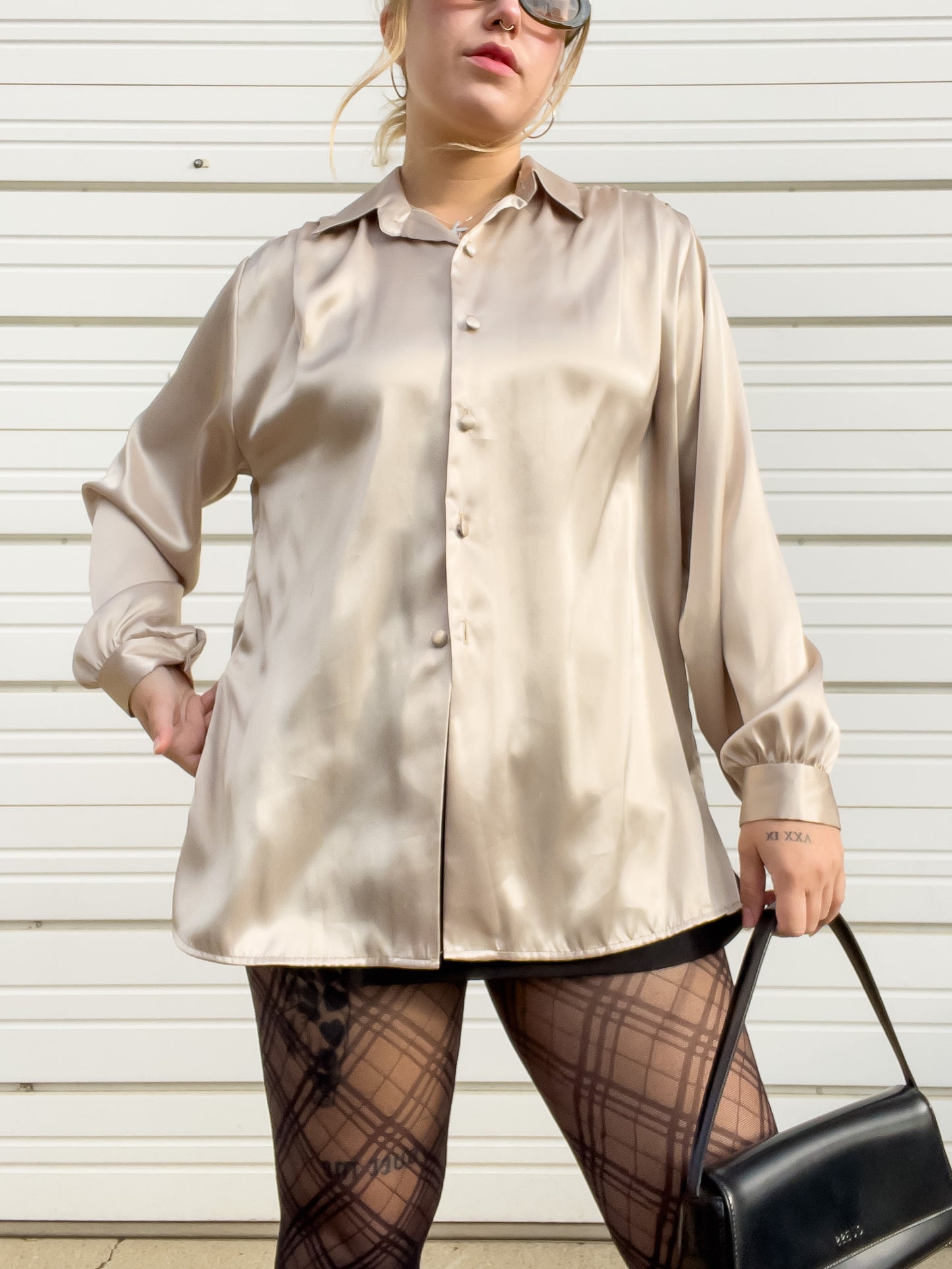 90s Champagne Silky Button Up (L/XL)
