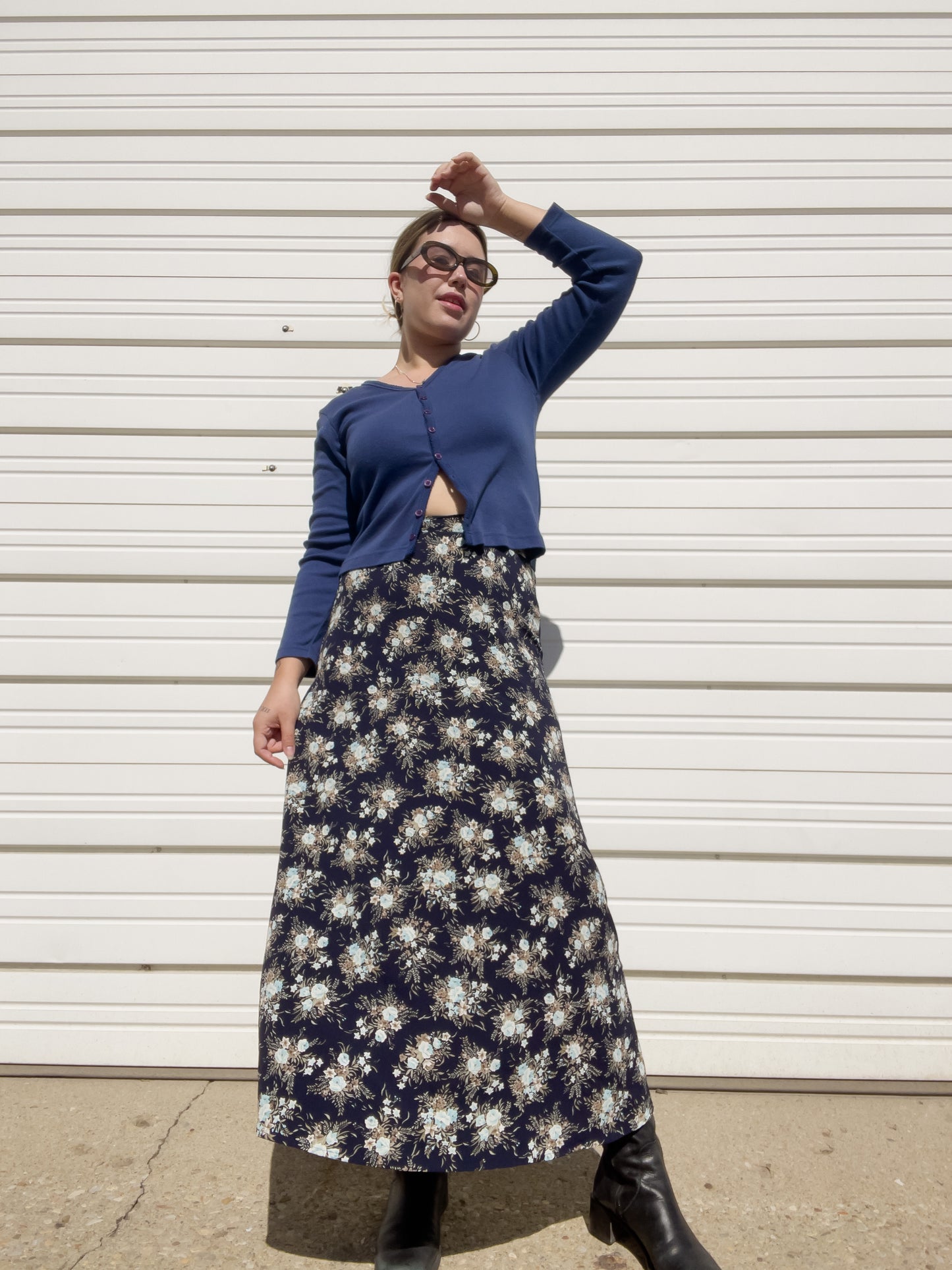 90s Navy Blue Floral Maxi Skirt (S/M)