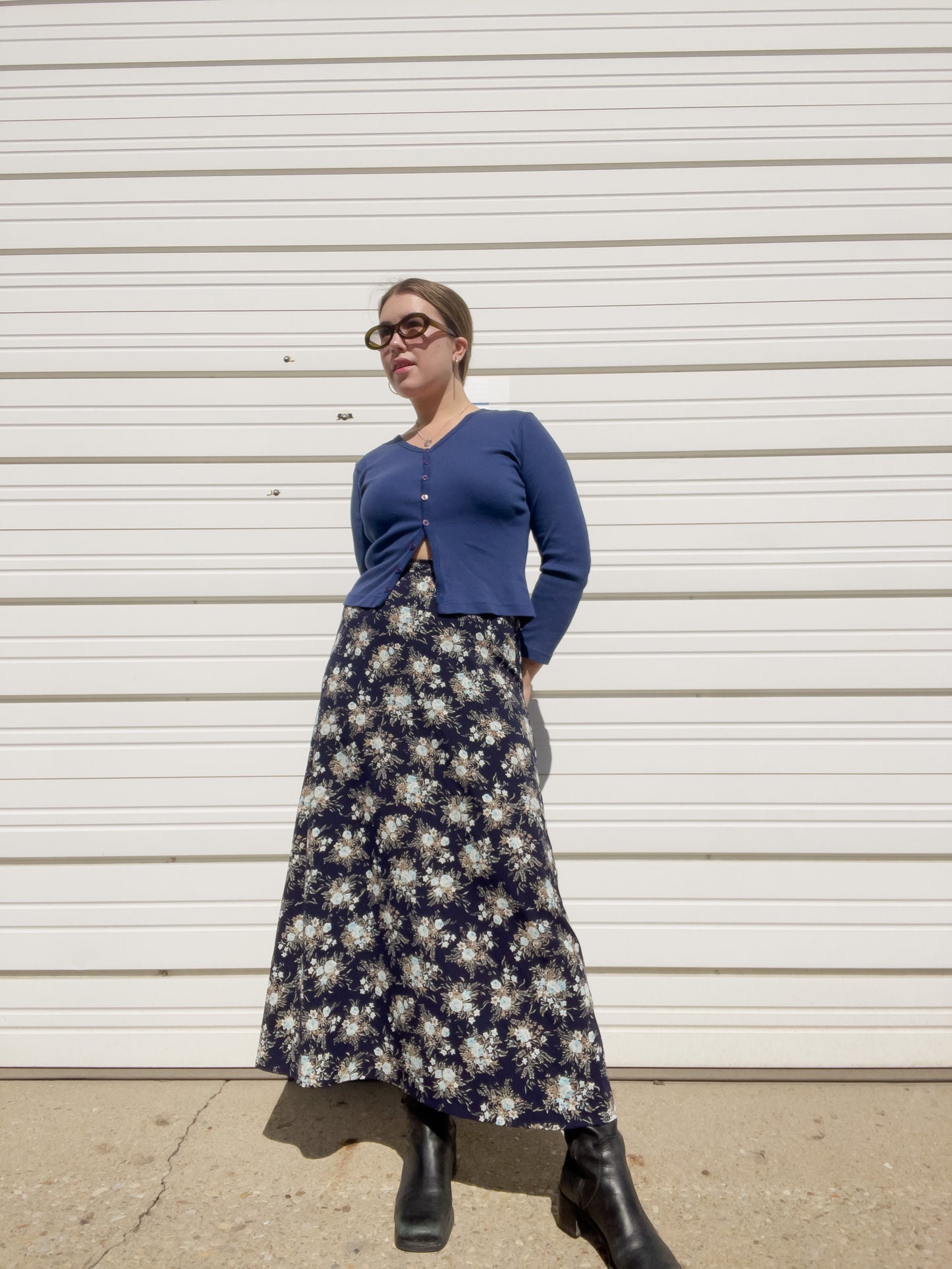 90s Navy Blue Floral Maxi Skirt (S/M)