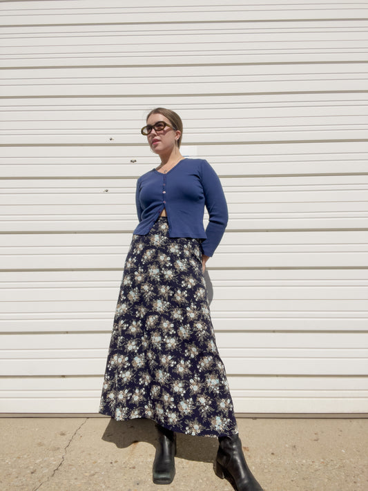 90s Navy Blue Floral Maxi Skirt (S/M)