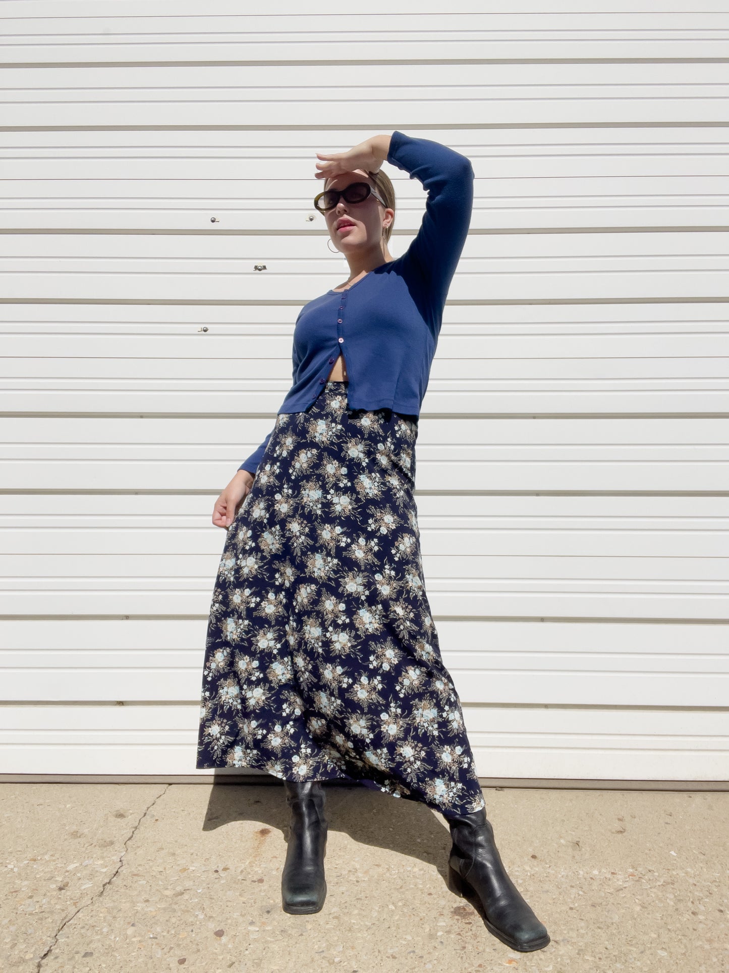 90s Navy Blue Floral Maxi Skirt (S/M)
