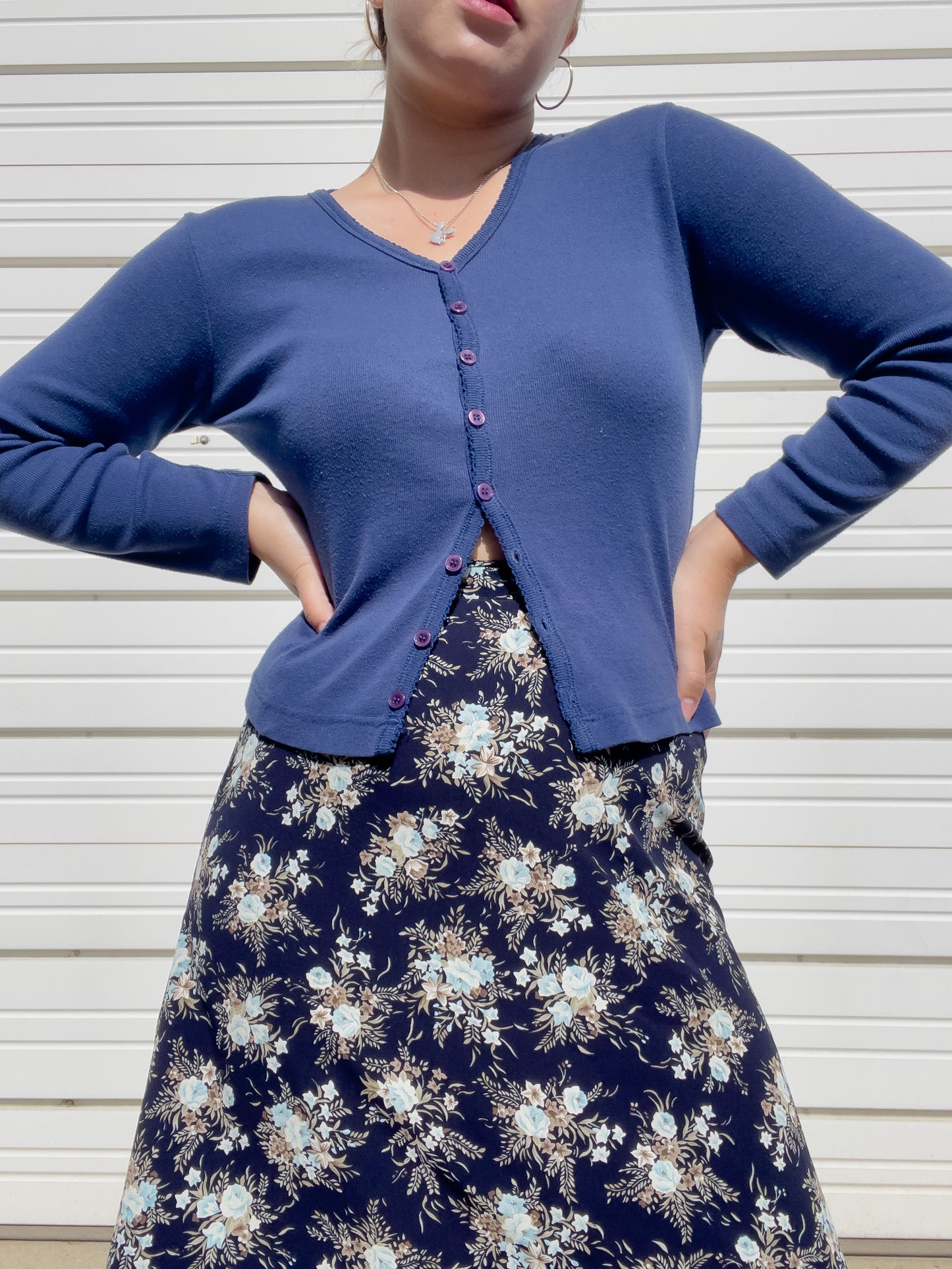 90s Navy Blue Button Up Long Sleeve Tee (M)