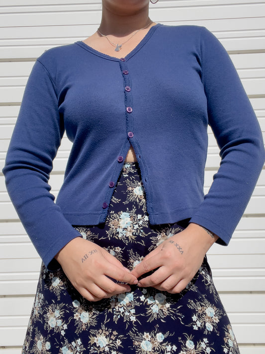 90s Navy Blue Button Up Long Sleeve Tee (M)