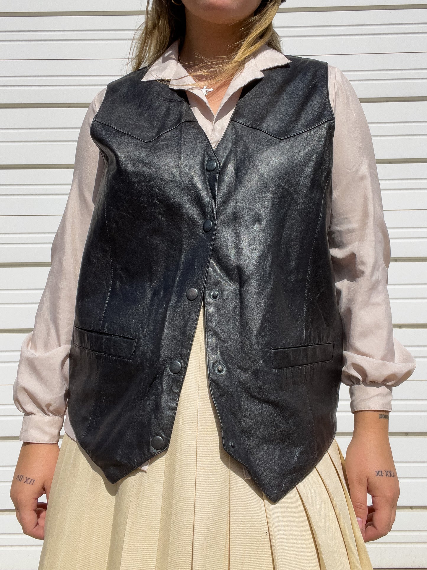 80s Black Genuine Leather Vest (L)