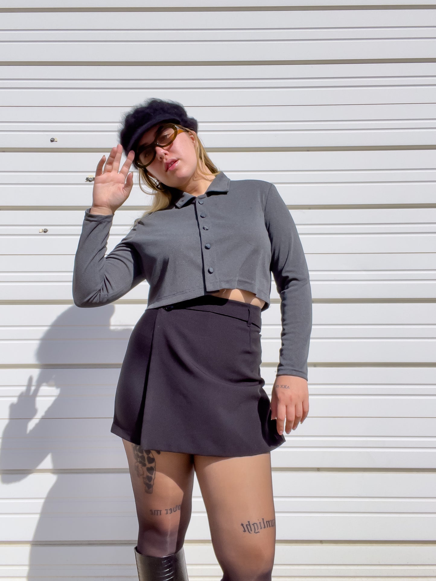90s Black Mini Wrap Skort w/ Daisy Buckle (S/M)