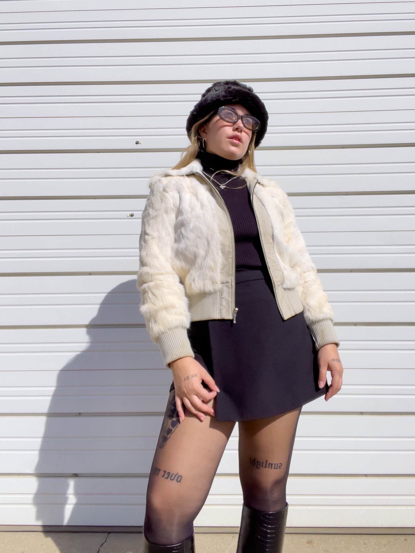 90s White Genuine Suede & Fur Cropped Bomber Jacket (S)