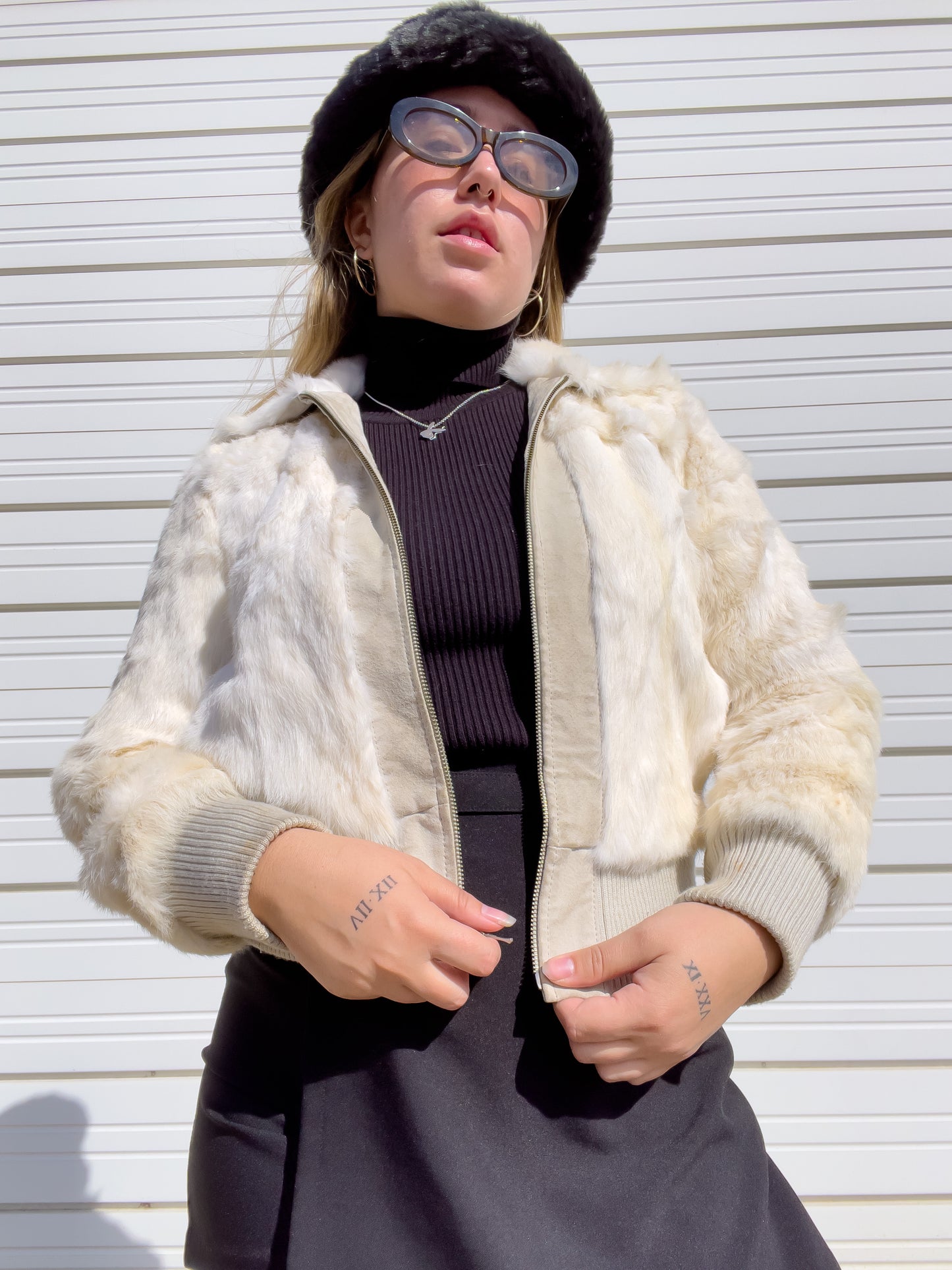 90s White Genuine Suede & Fur Cropped Bomber Jacket (S)