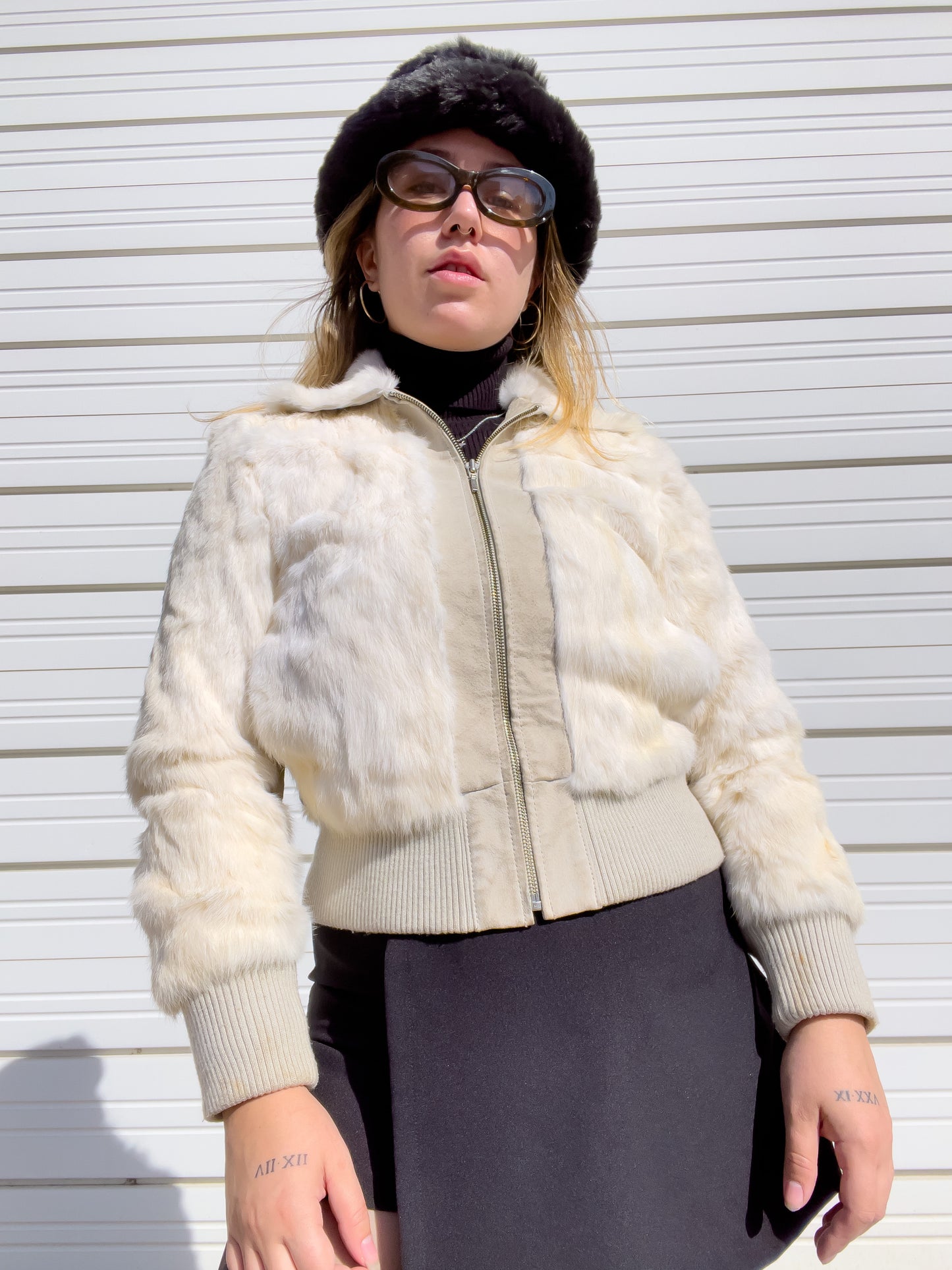 90s White Genuine Suede & Fur Cropped Bomber Jacket (S)