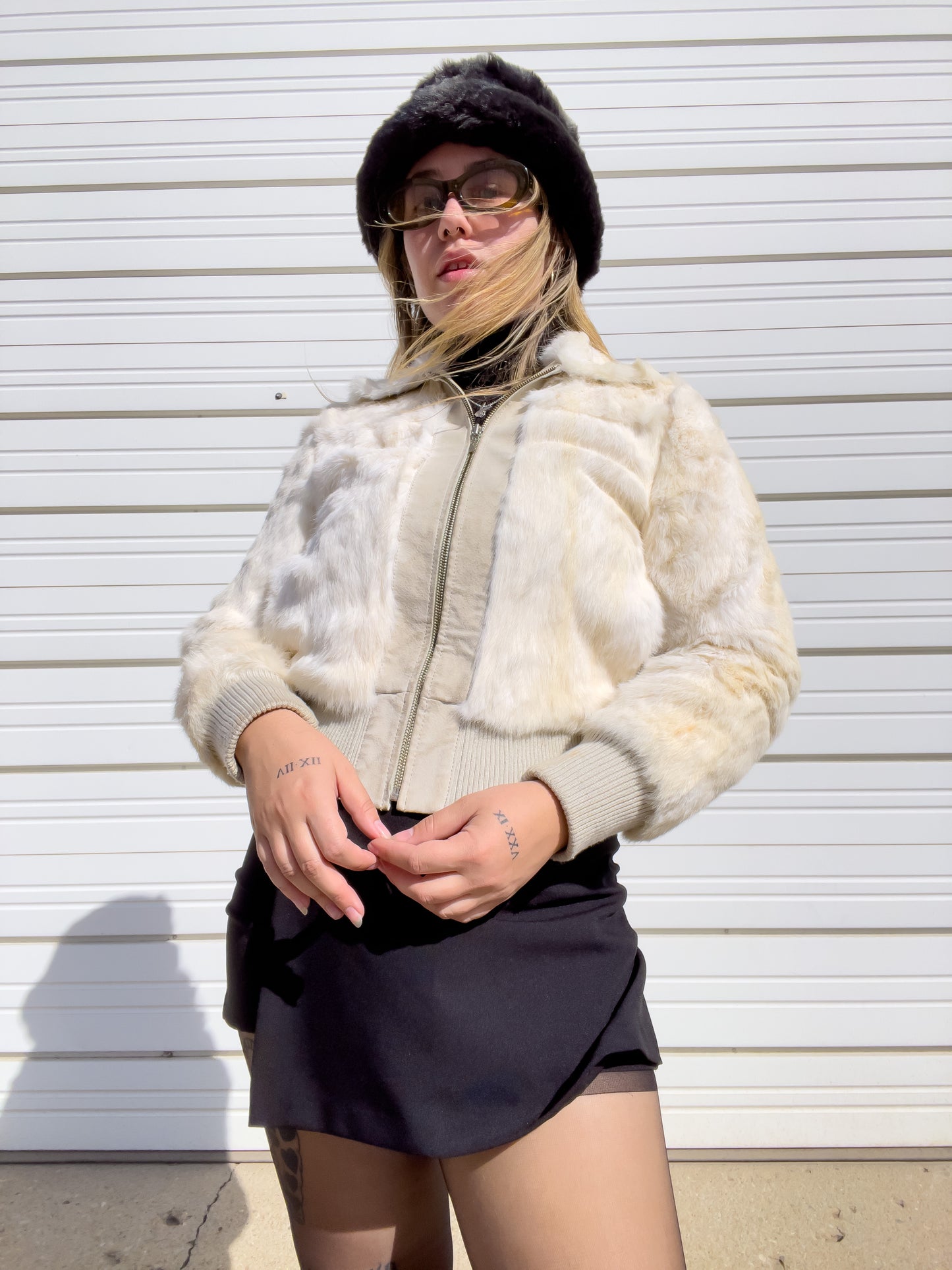90s White Genuine Suede & Fur Cropped Bomber Jacket (S)