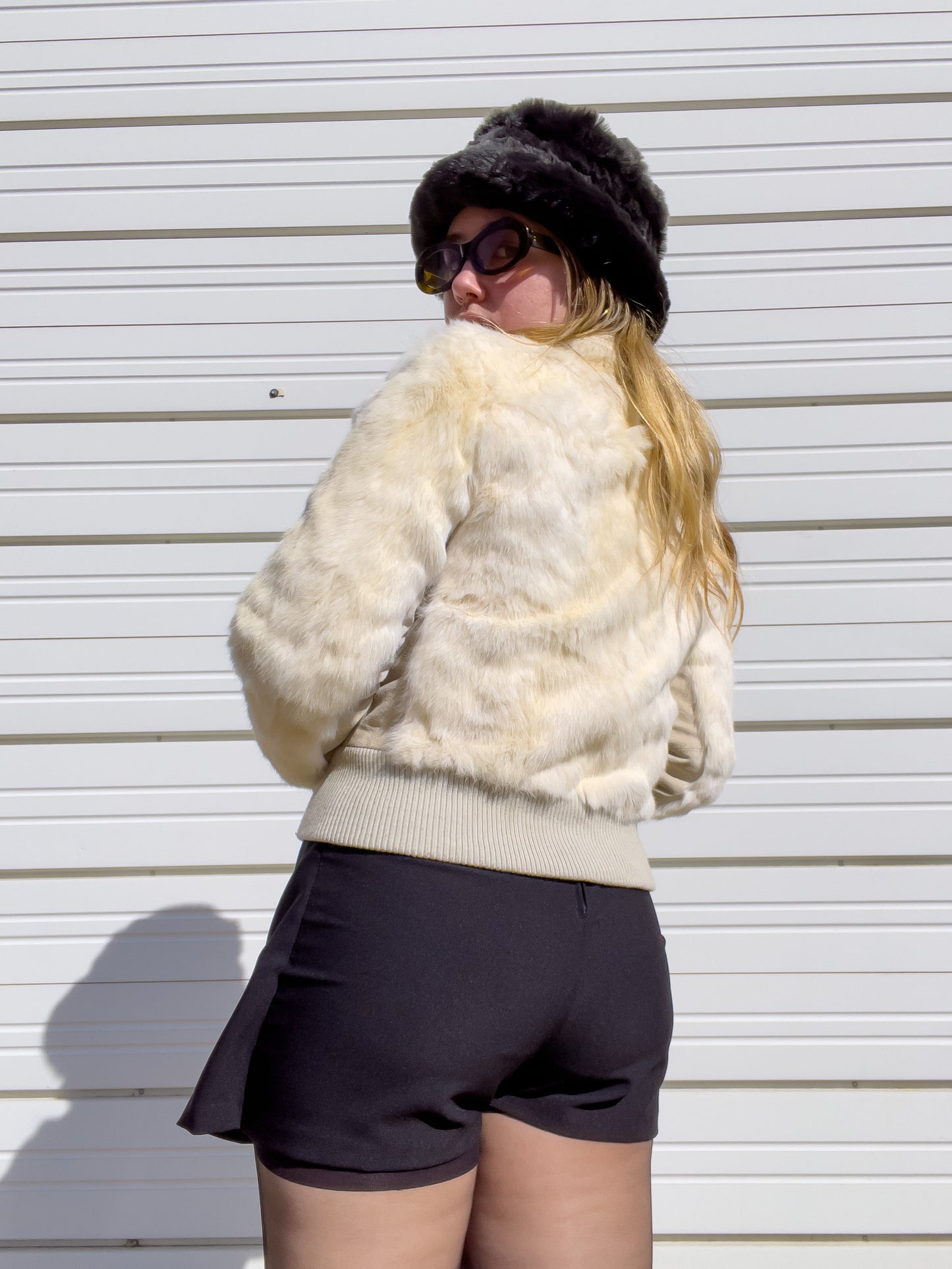 90s White Genuine Suede & Fur Cropped Bomber Jacket (S)