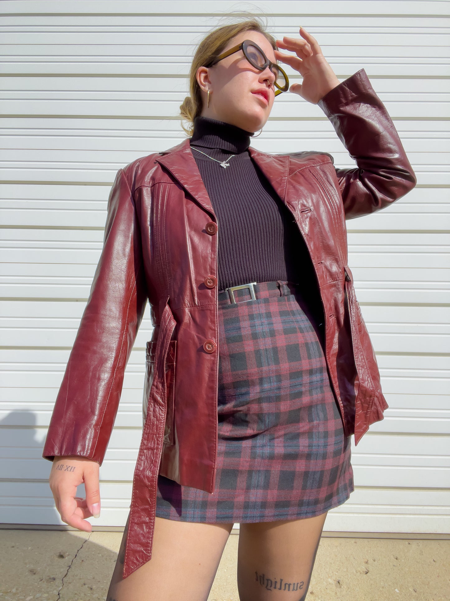 70s Oxblood Genuine Leather Belted Blazer w/ Removable Faux Fur Lining (S/M)